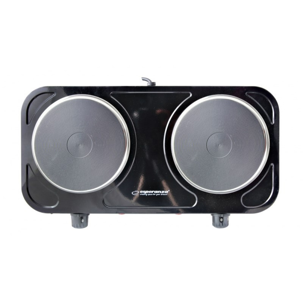 Czarna płyta dwupalnikowa z dwoma okrągłymi grzałkami i pokrętłami sterującymi.