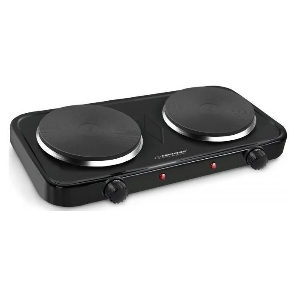 Czarna elektryczna płyta dwupalnikowa z dwoma okrągłymi grzałkami i pokrętłami.