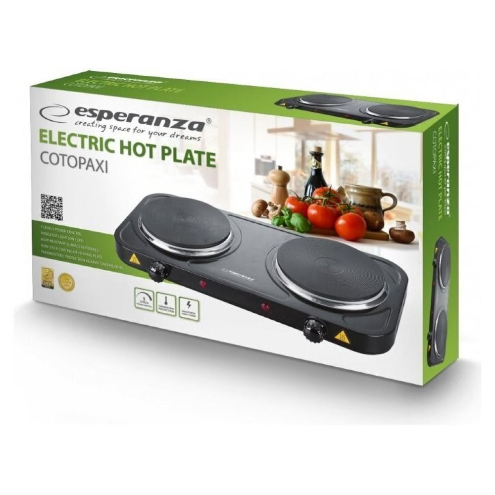 Czarna elektryczna podwójna płyta grzewcza z pokrętłami i lampkami.