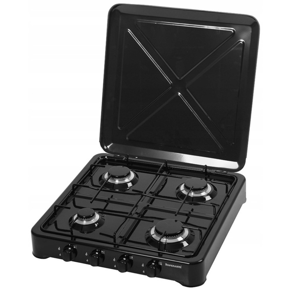 Czarna kuchenka gazowa czteropalnikowa z otwartą pokrywą.