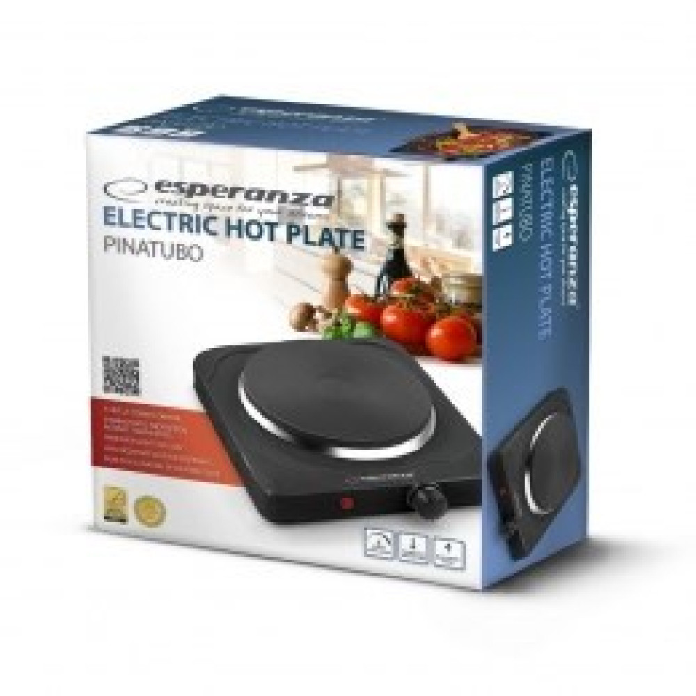 Elektryczna płyta grzewcza Esperanza Pinatubo na opakowaniu, z naczyniami kuchennymi w tle.