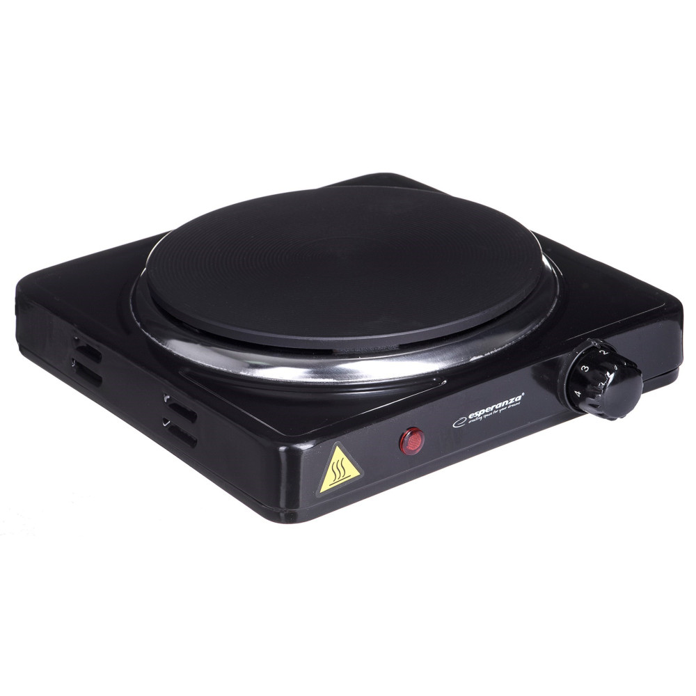 Czarna płyta elektryczna z okrągłą powierzchnią grzewczą i pokrętłem regulacji temperatury.