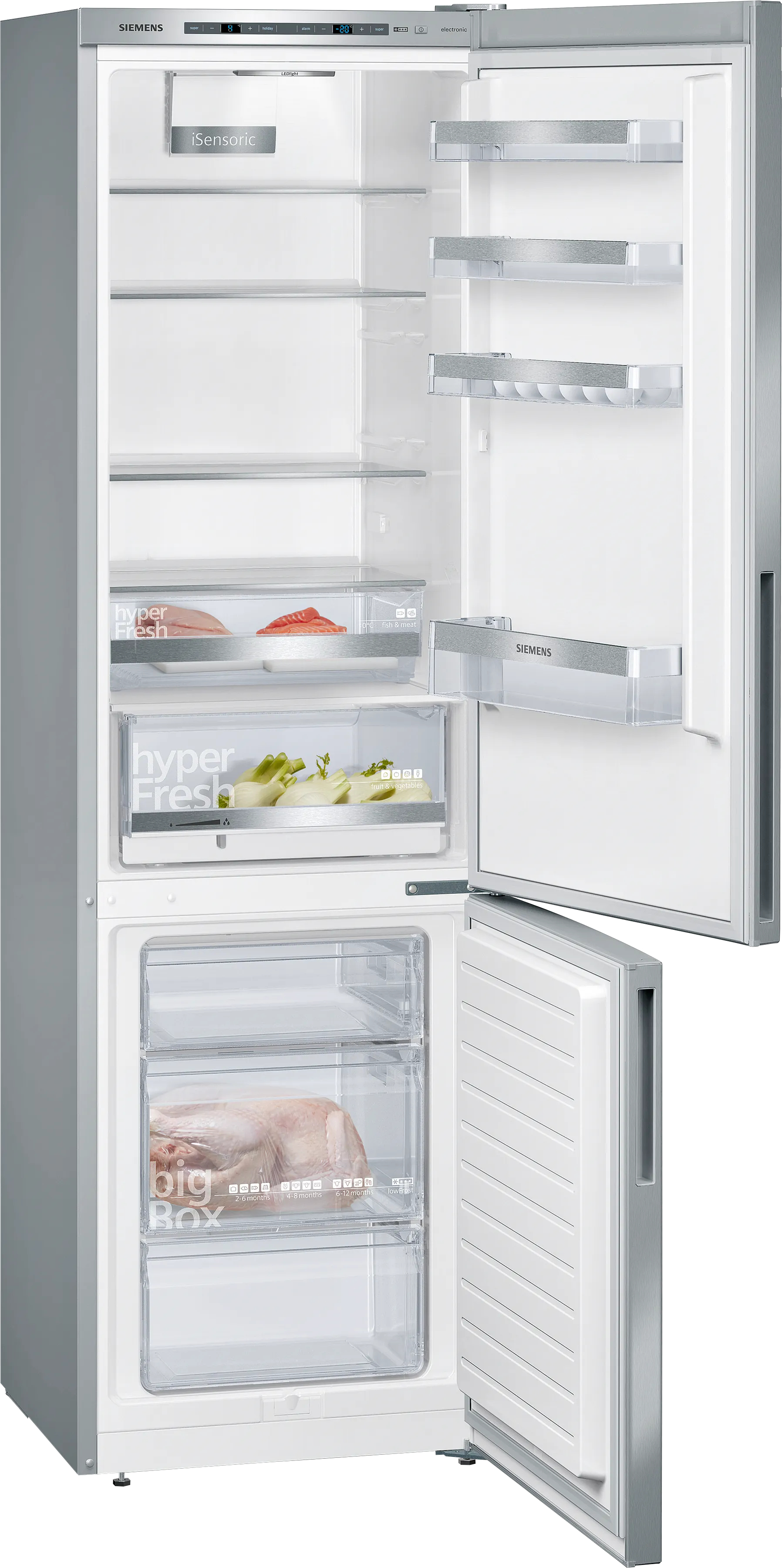 Ein silberner Siemens Kühlschrank mit geöffneter Kühlschrank- und Gefriertür.