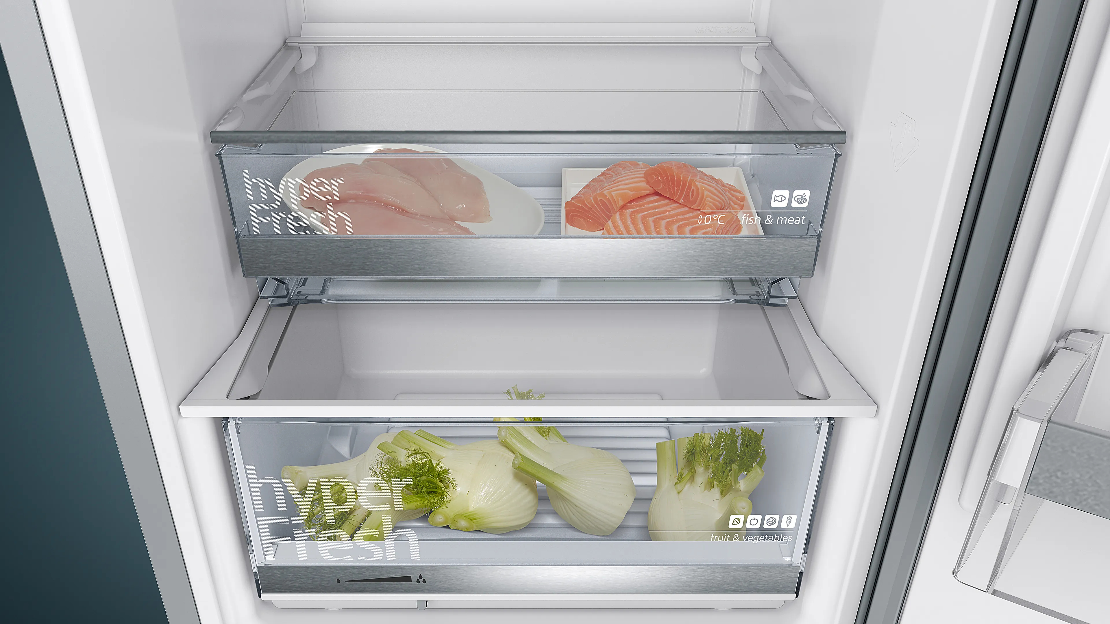 Im Kühlschrank: Hähnchenbrust und Lachs im oberen Fach, Fenchel im unteren.