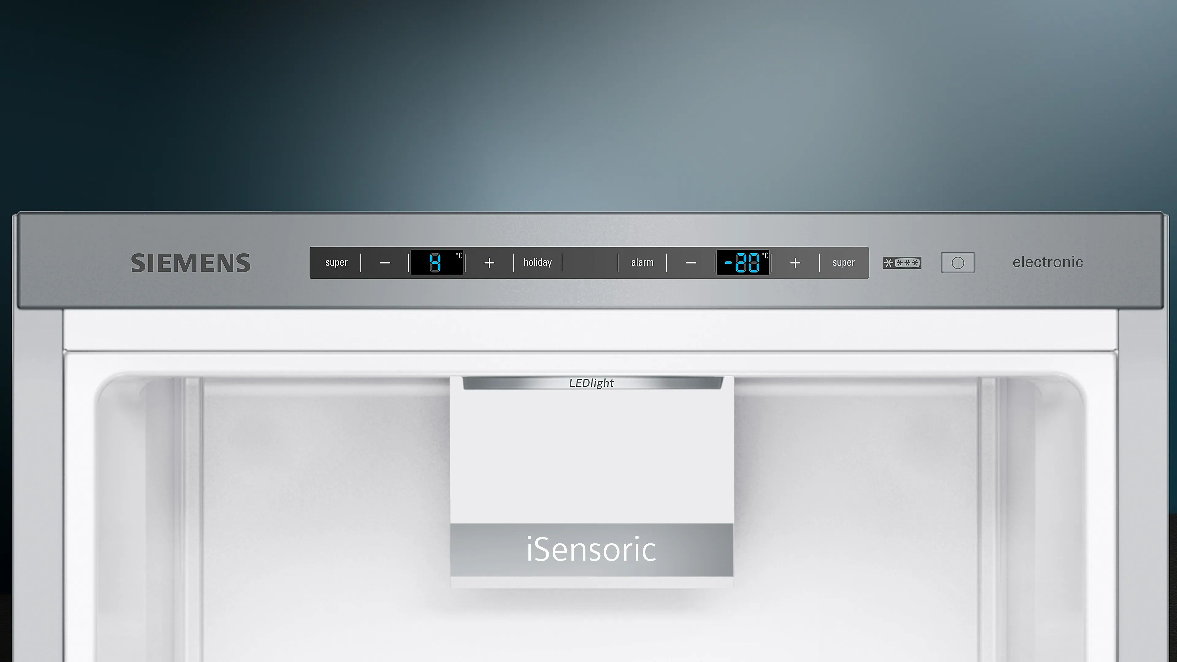 Siemens Kühlschrank-Display zeigt 8°C und -20°C an, mit iSensoric LED-Licht.