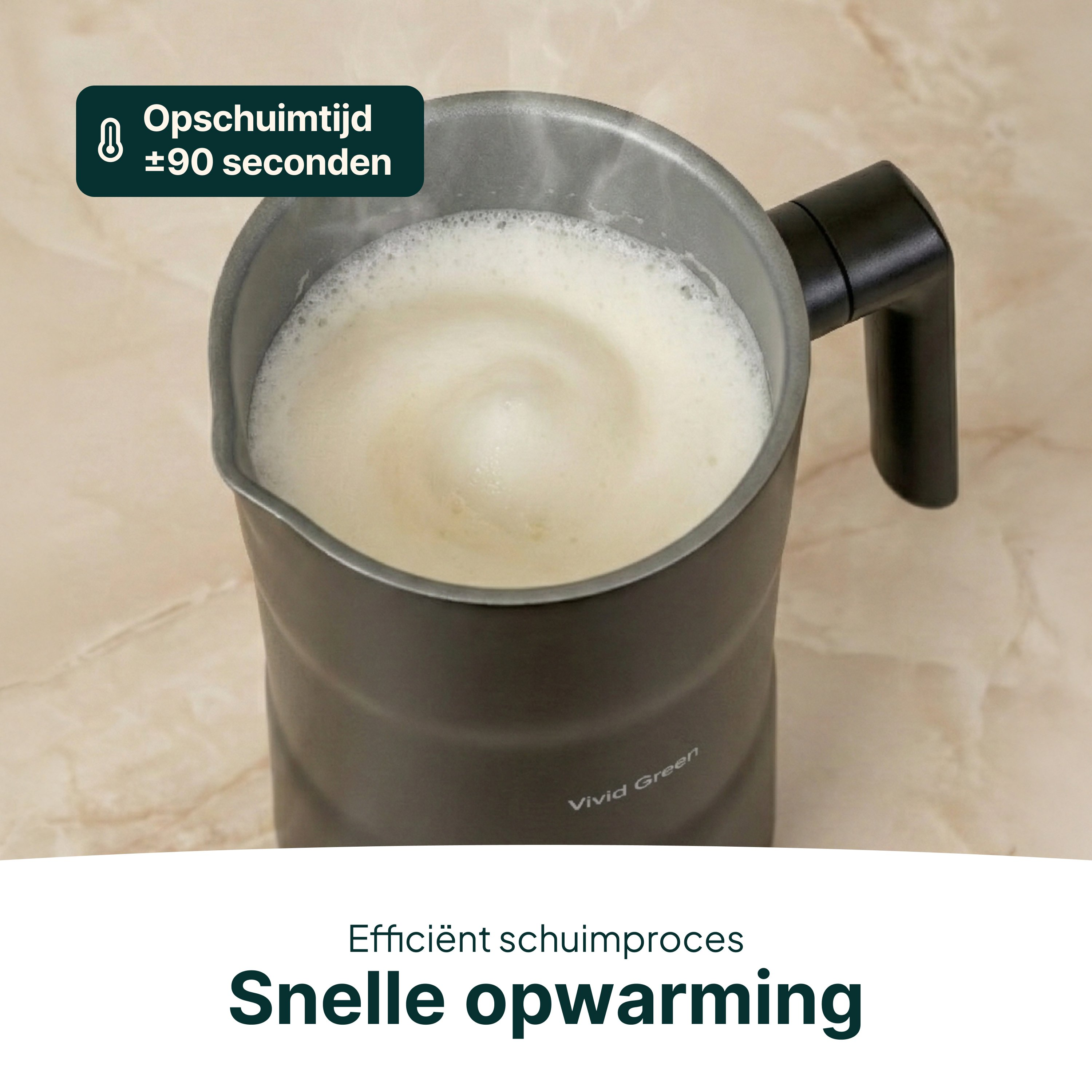 A milk frother with foam and a thermometer icon.