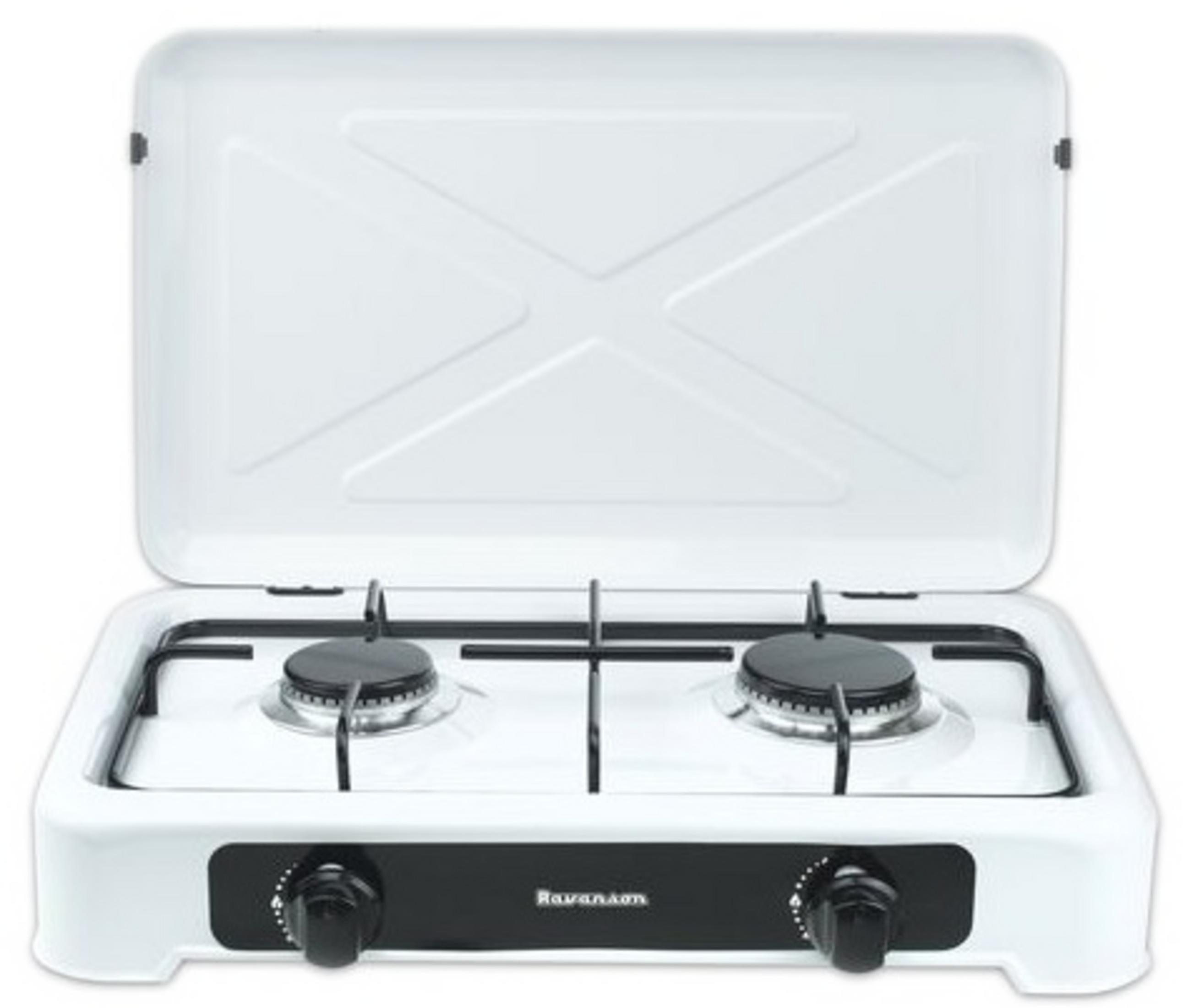 Biała przenośna kuchenka gazowa z dwoma palnikami i otwartą pokrywą.