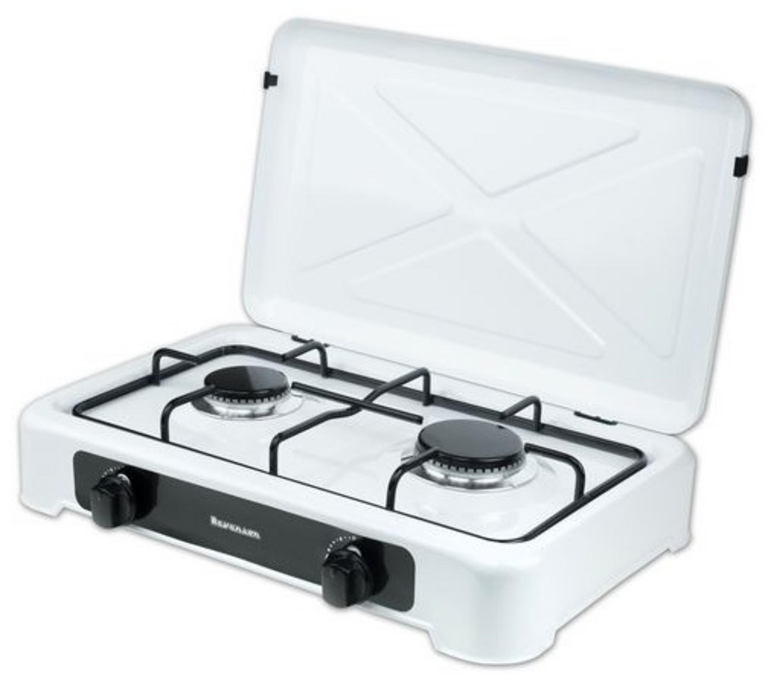 Biała przenośna kuchenka gazowa z dwoma palnikami i otwartą pokrywą.