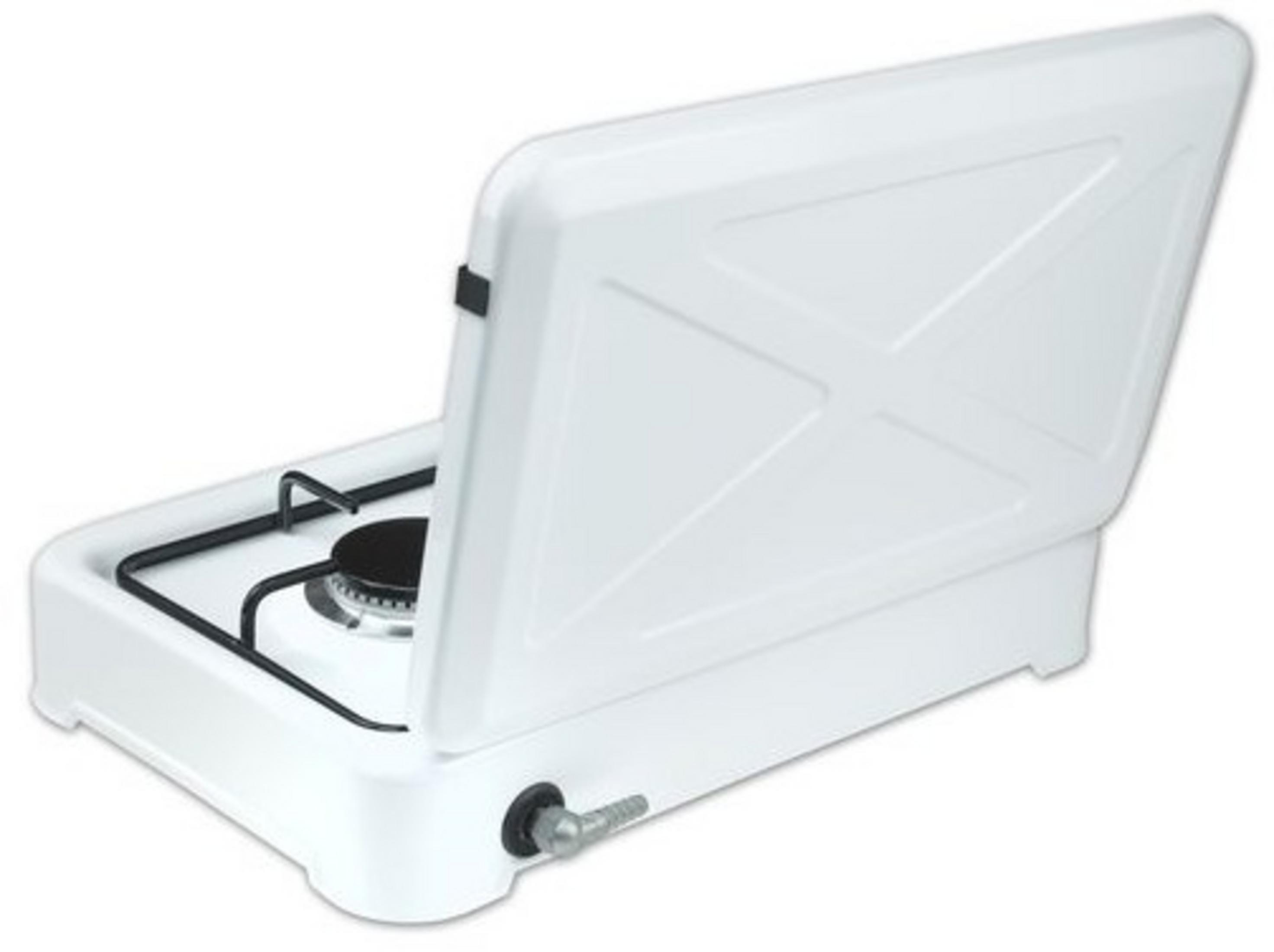 Biała przenośna kuchenka gazowa z otwartą pokrywą, pokazująca jeden palnik.