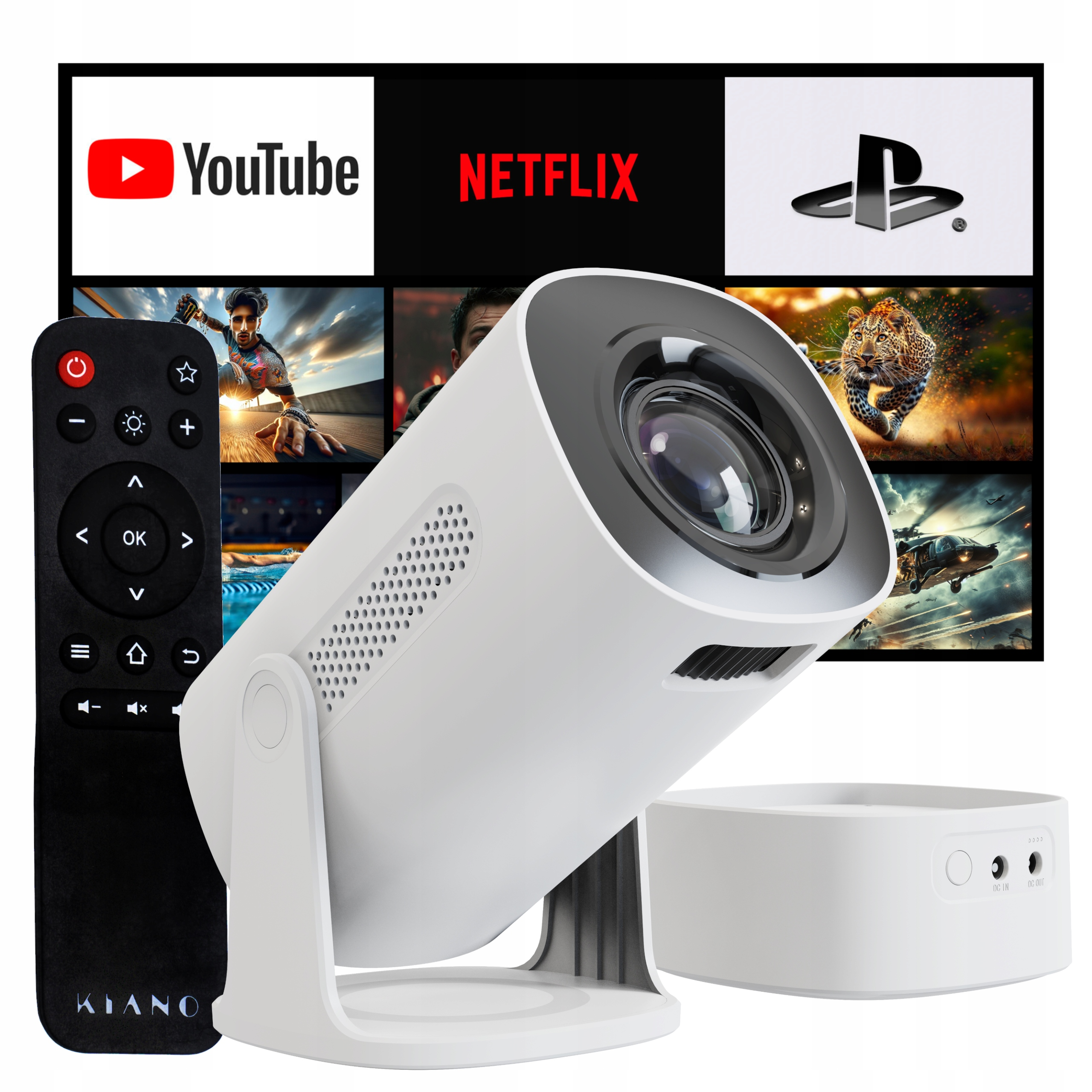 Ein weißer Projektor mit Fernbedienung und einem Bildschirm mit Logos von YouTube, Netflix und PlayStation.