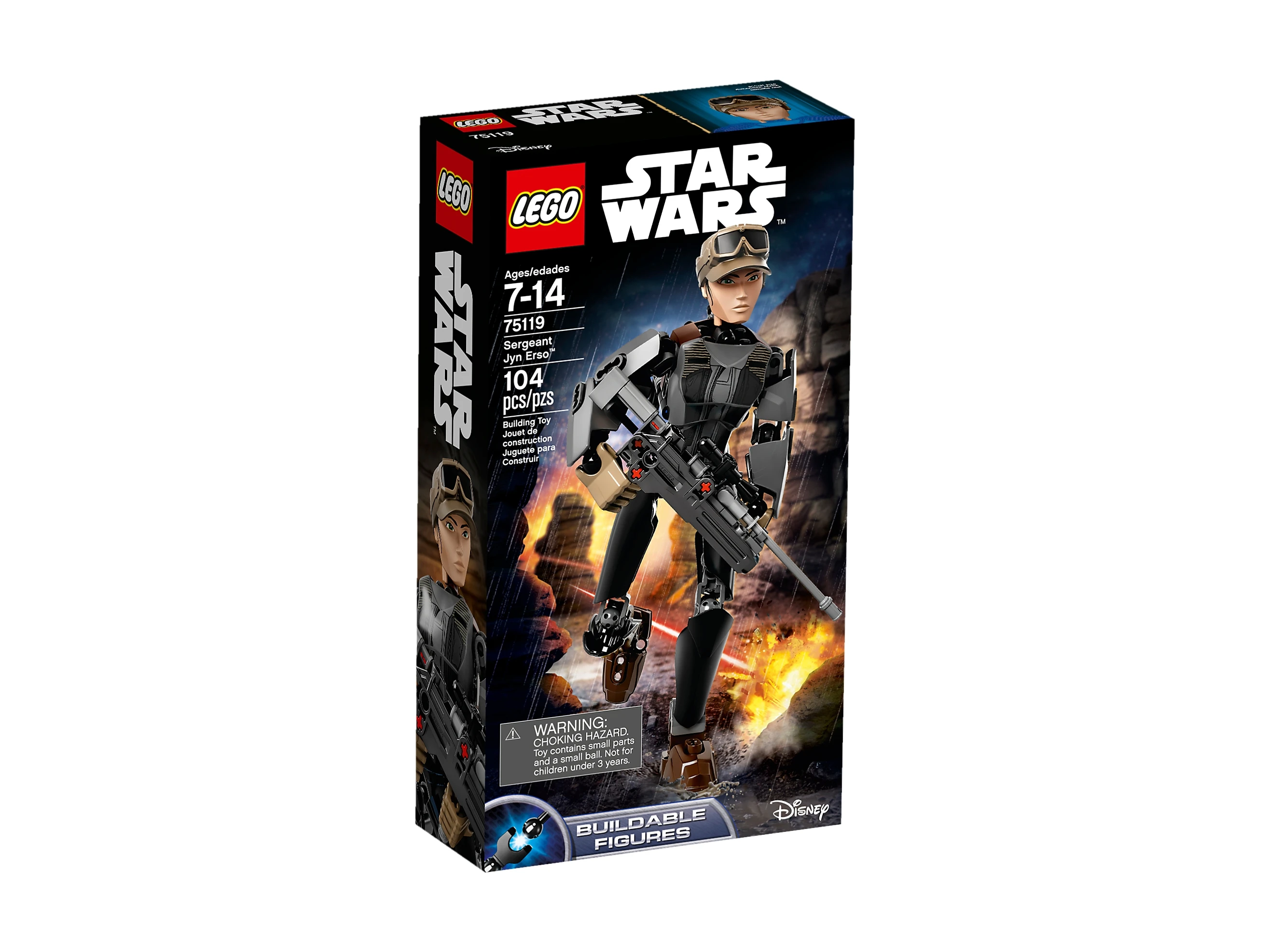 Zestaw Lego Star Wars 75119 Sierżant Jyn Erso z karabinem na skalistym tle.