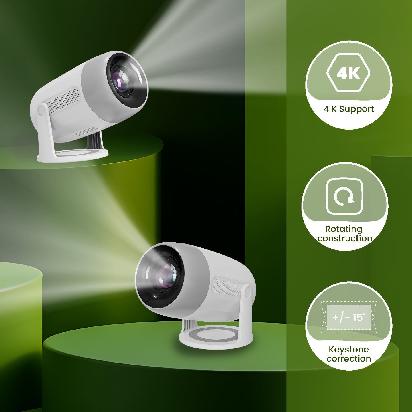 Zwei weiße Projektoren mit Lichtstrahlen auf grünen Podesten. Icons für 4K, Rotation und Keystone.