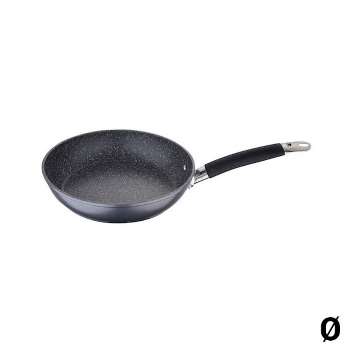 Sartén gris con mango negro y aspecto de granito.