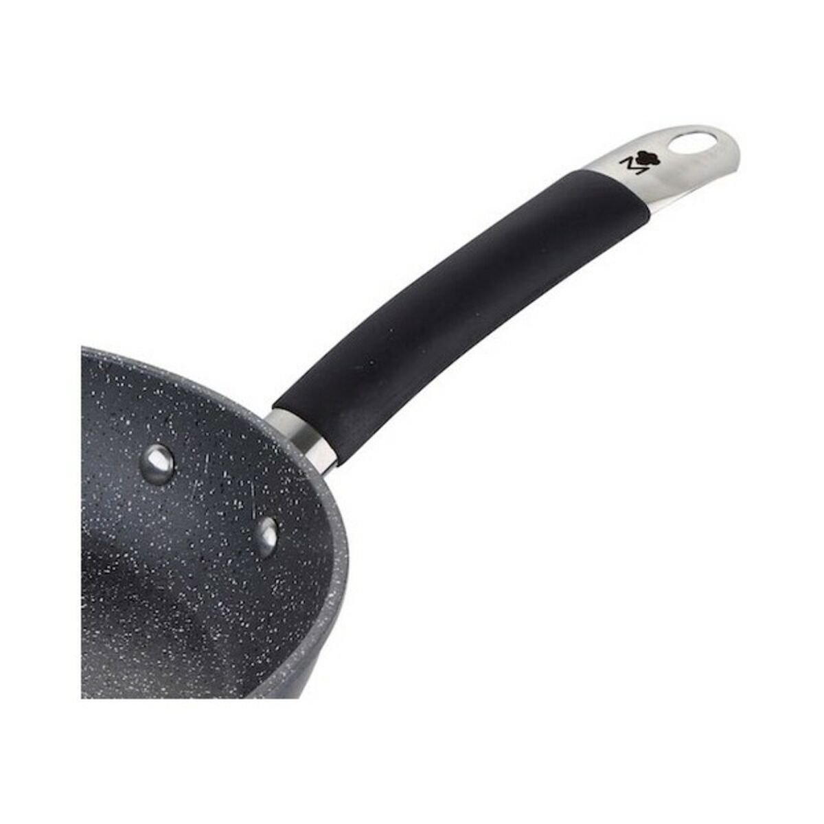 Olla gris con mango negro y logo.