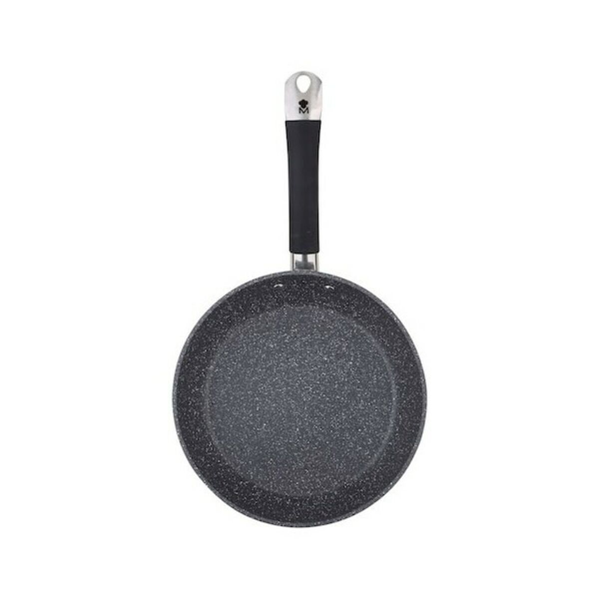Sartén gris con mango negro y orificio para colgar.