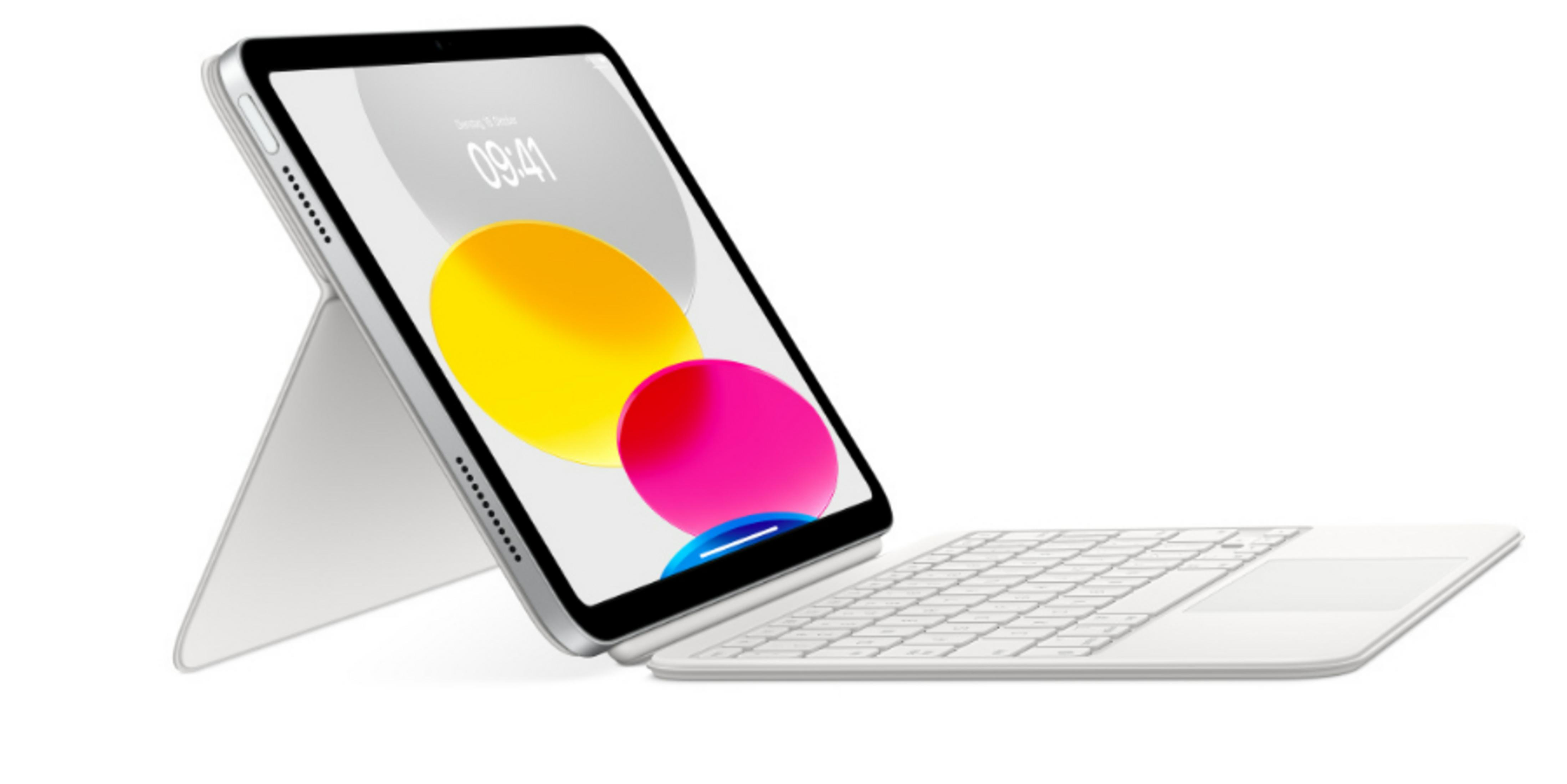 Srebrny tablet z klawiaturą i podstawką.