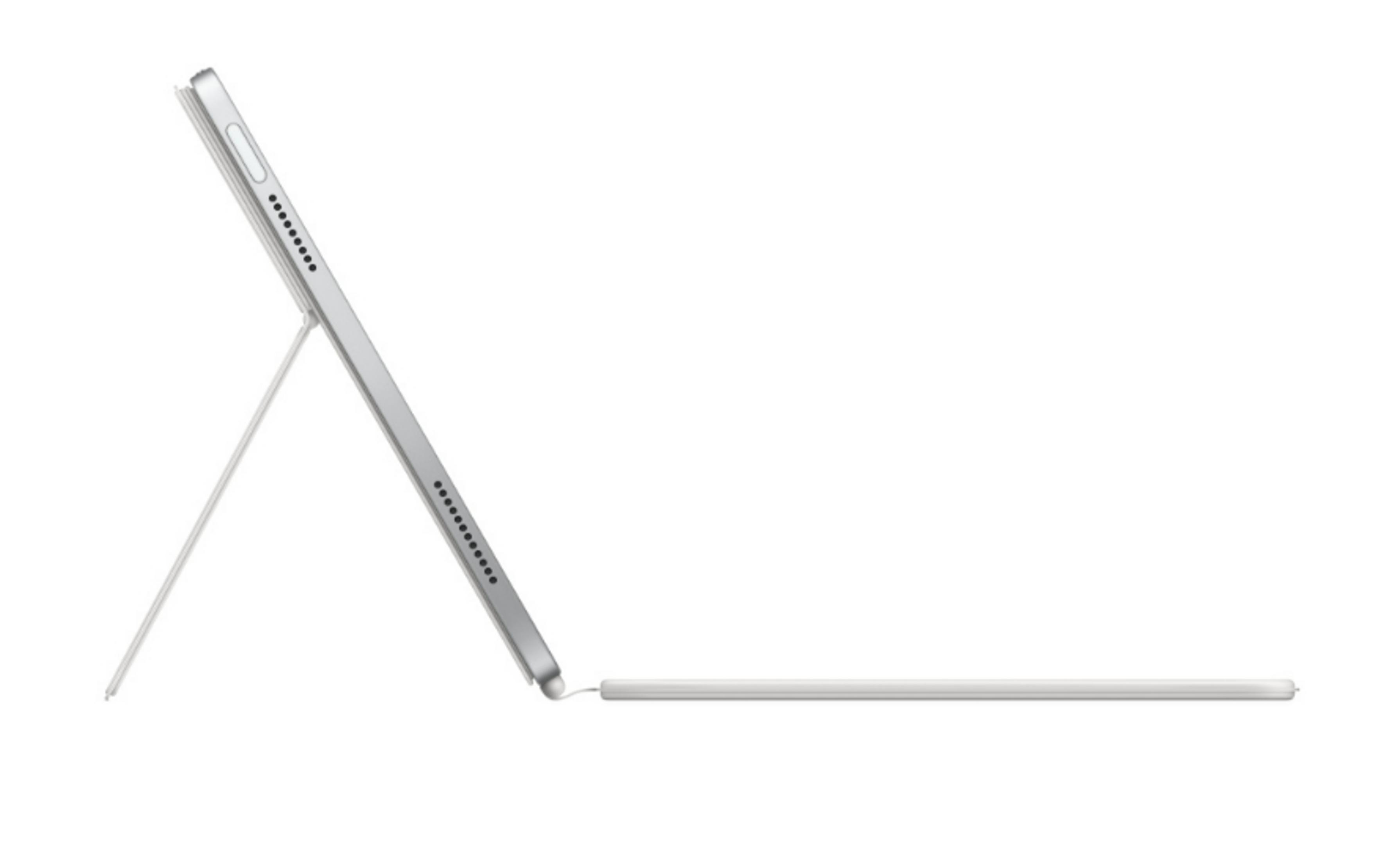 Srebrny tablet ze stojakiem i rysikiem na białym tle.