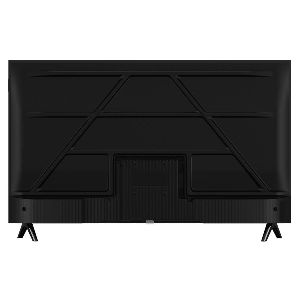 Tył czarnego telewizora ze srebrnymi nogami w kształcie litery V.