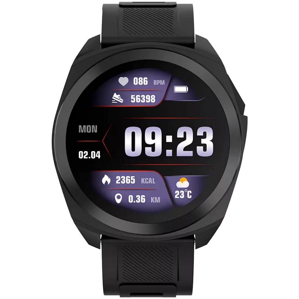 Czarny smartwatch wyświetla 09:23, 86 BPM, 56398 kroków, 2365 Kcal, 0.36 km i 23°C.