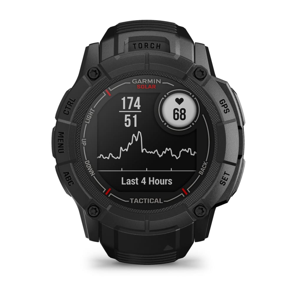 Orologio tattico Garmin nero con battito cardiaco, passi e grafico.
