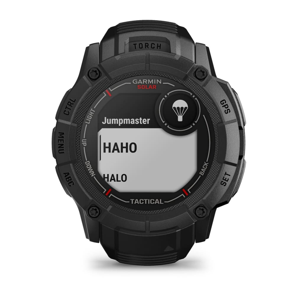 Orologio tattico solare Garmin nero che mostra la modalità Jumpmaster con HAHO e HALO.