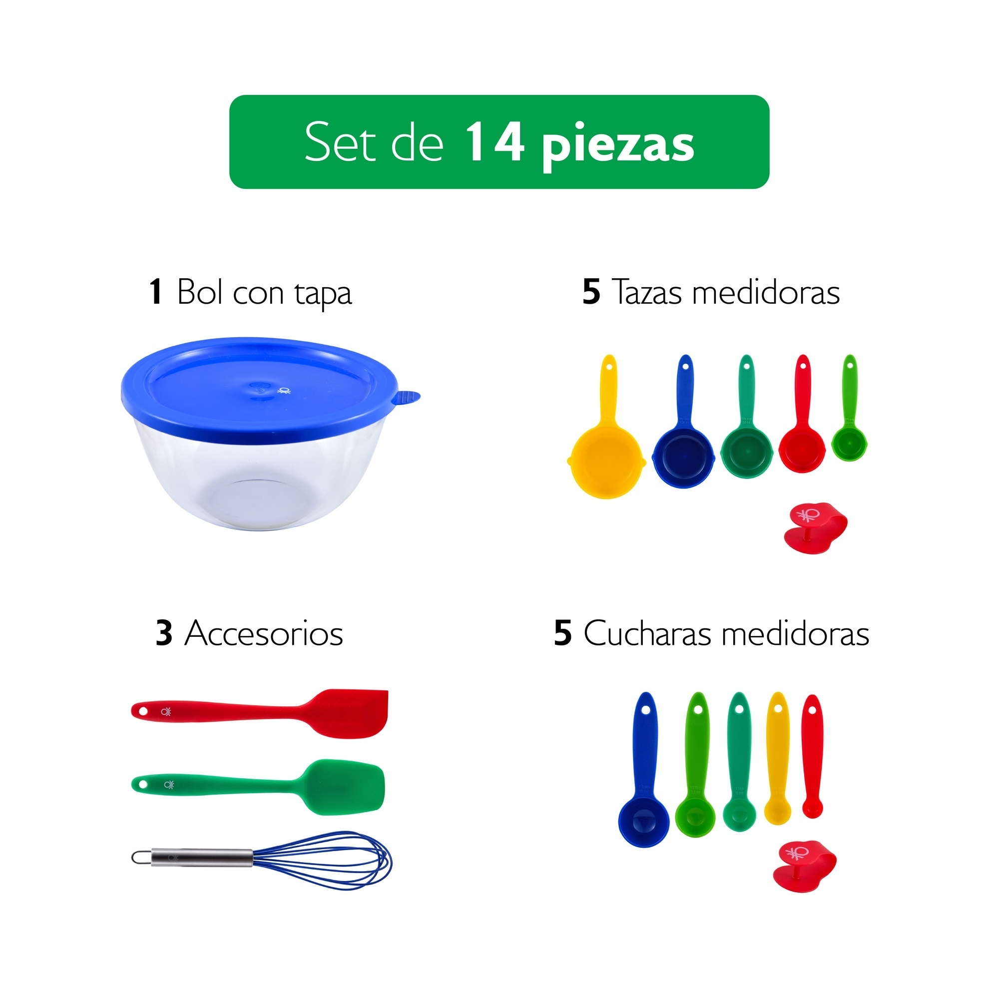 Set de cocina de 14 piezas: bol, tazas medidoras, cucharas y accesorios.
