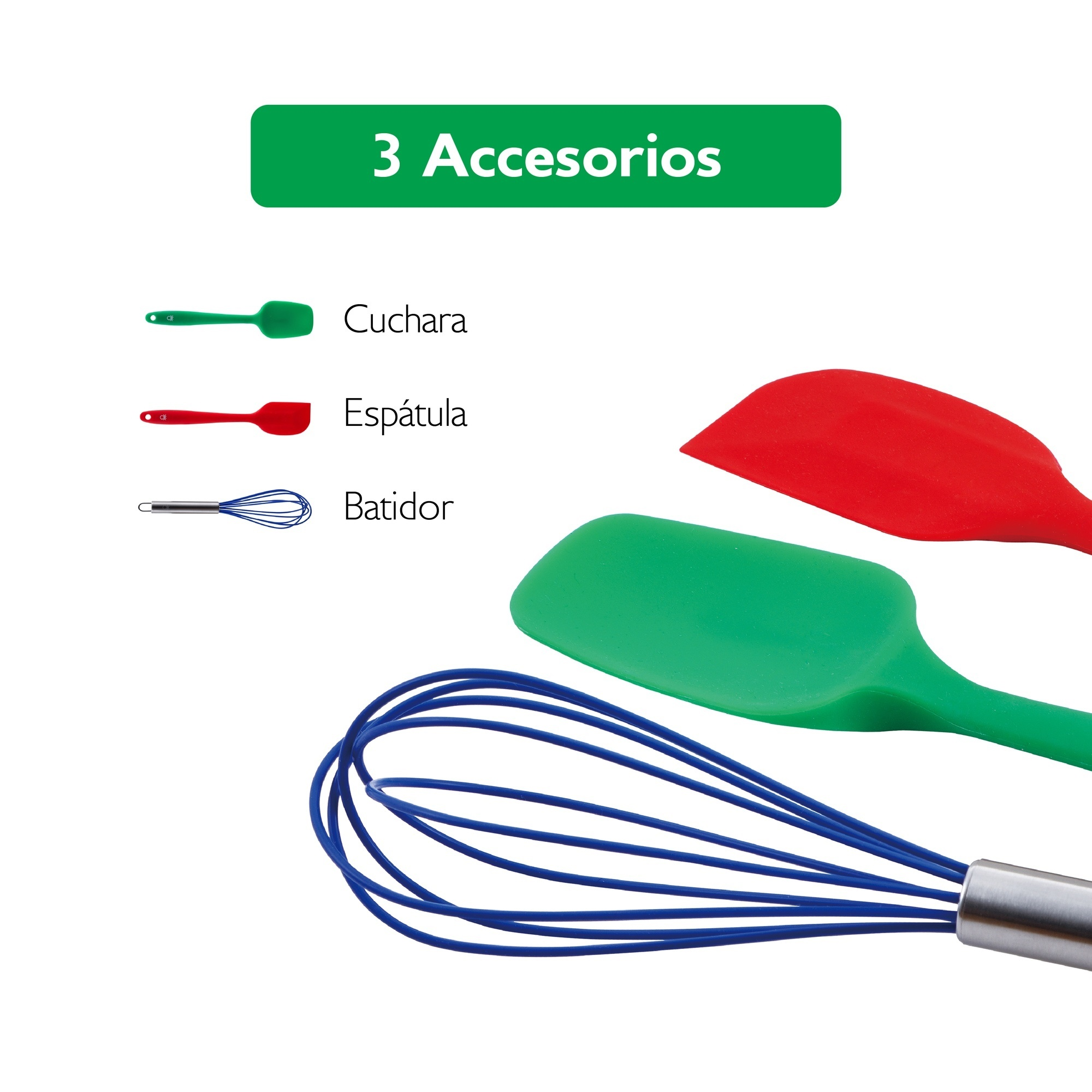 Cuchara verde, espátula roja, batidor azul. 3 utensilios.