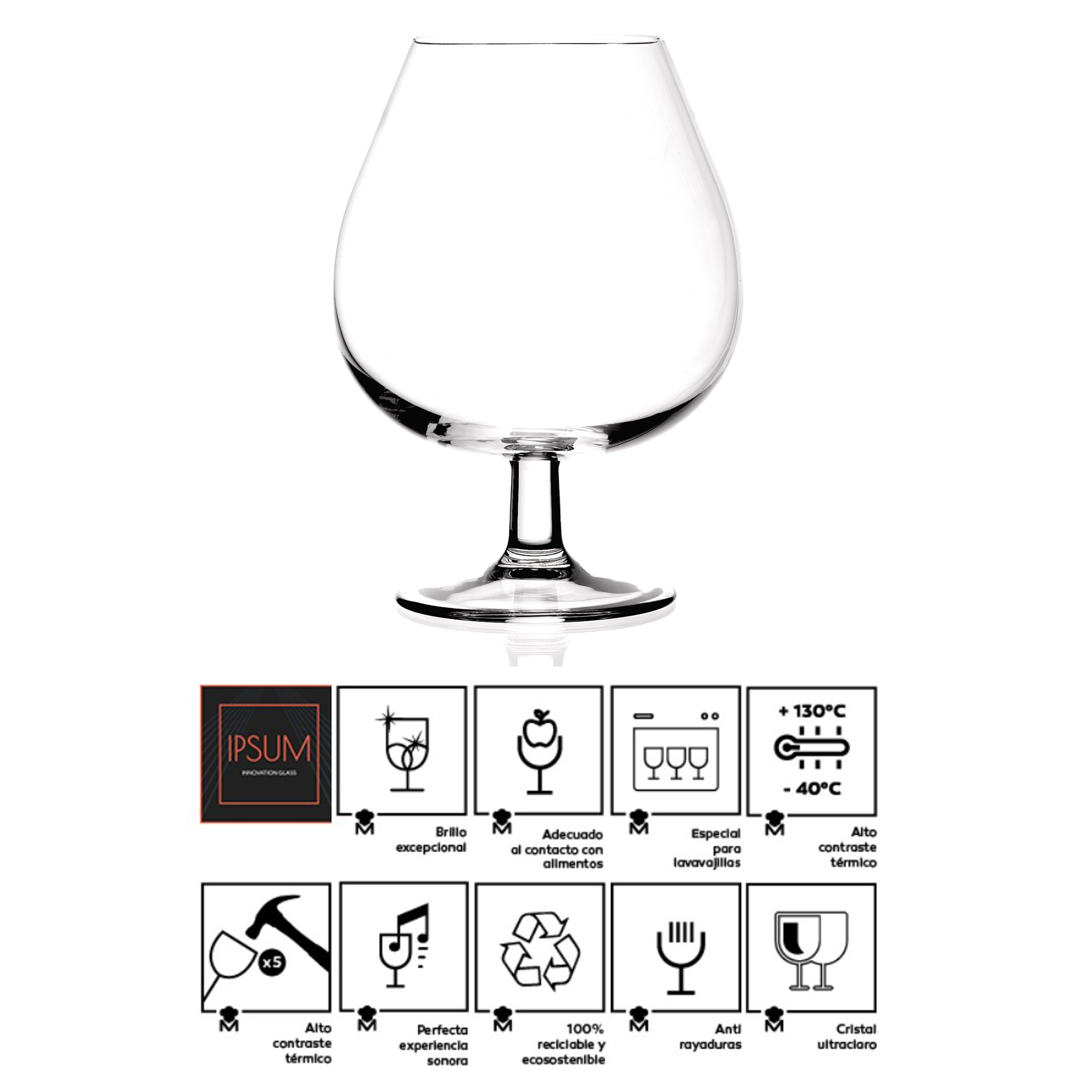 Un vaso de brandy transparente con un cuenco ancho y un tallo. Debajo hay 8 iconos.