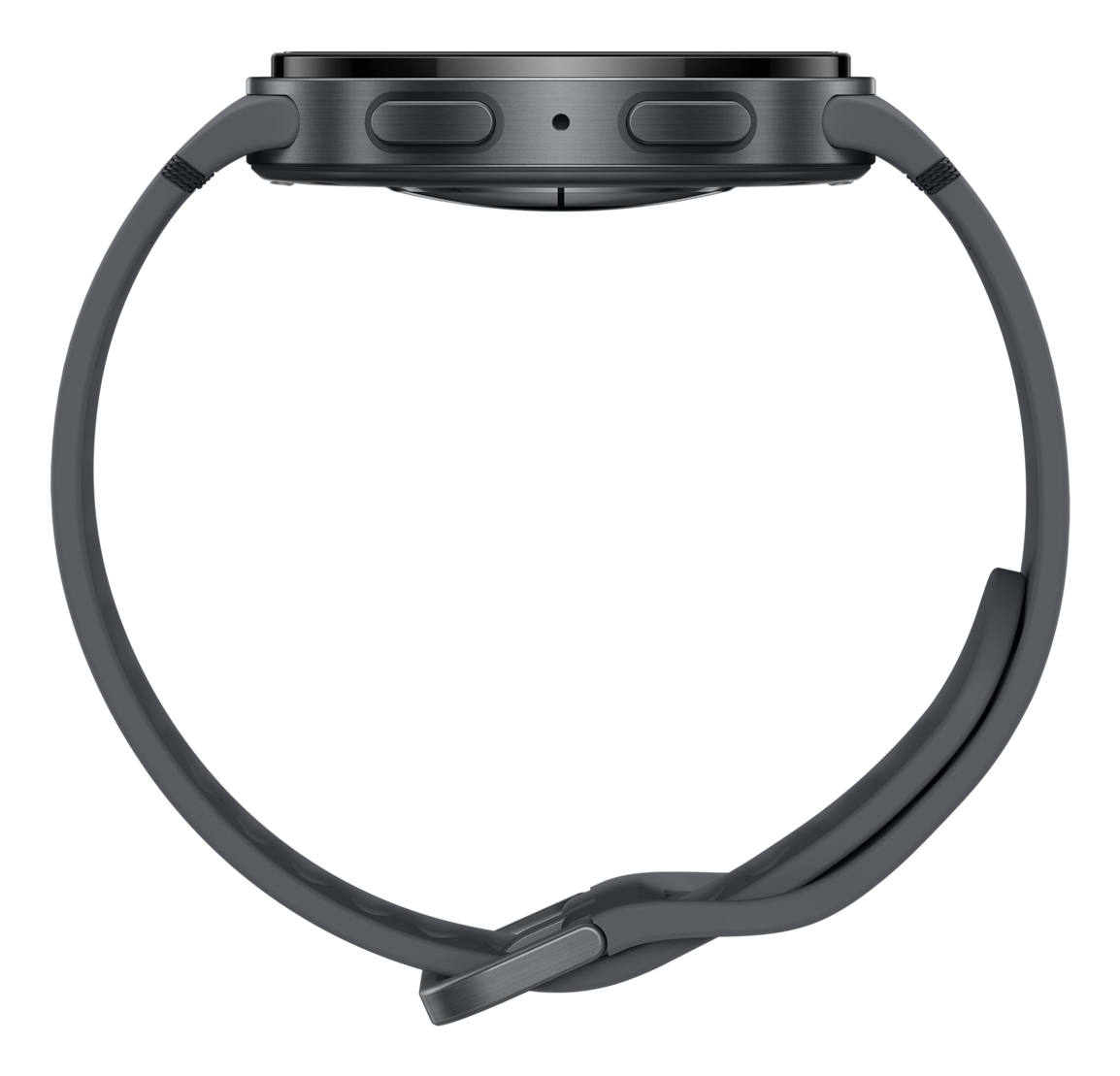 Un reloj inteligente gris con correa oscura y botones laterales.