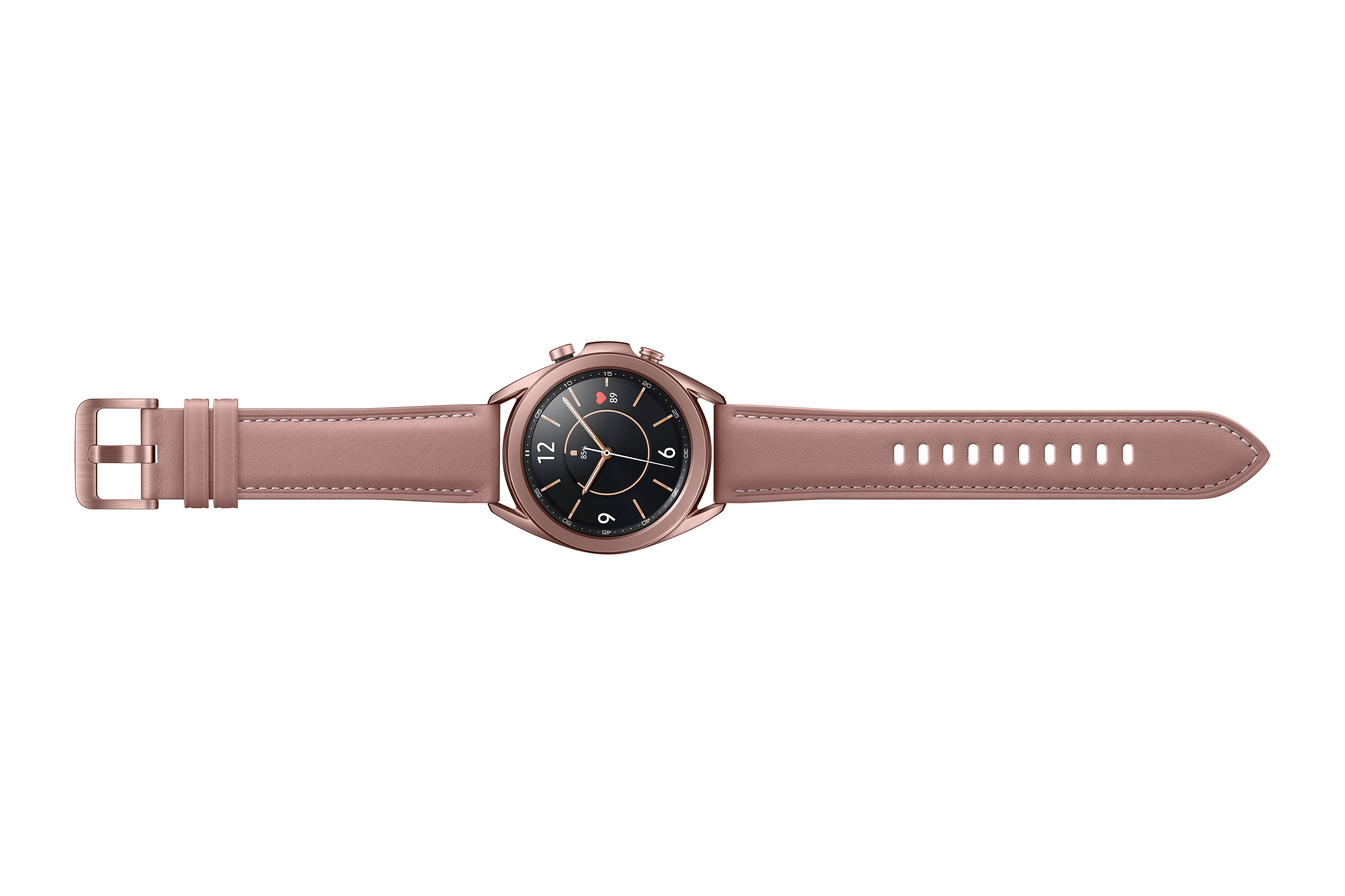 Różowo-złoty smartwatch z różową skórzaną bransoletą i czarną tarczą.