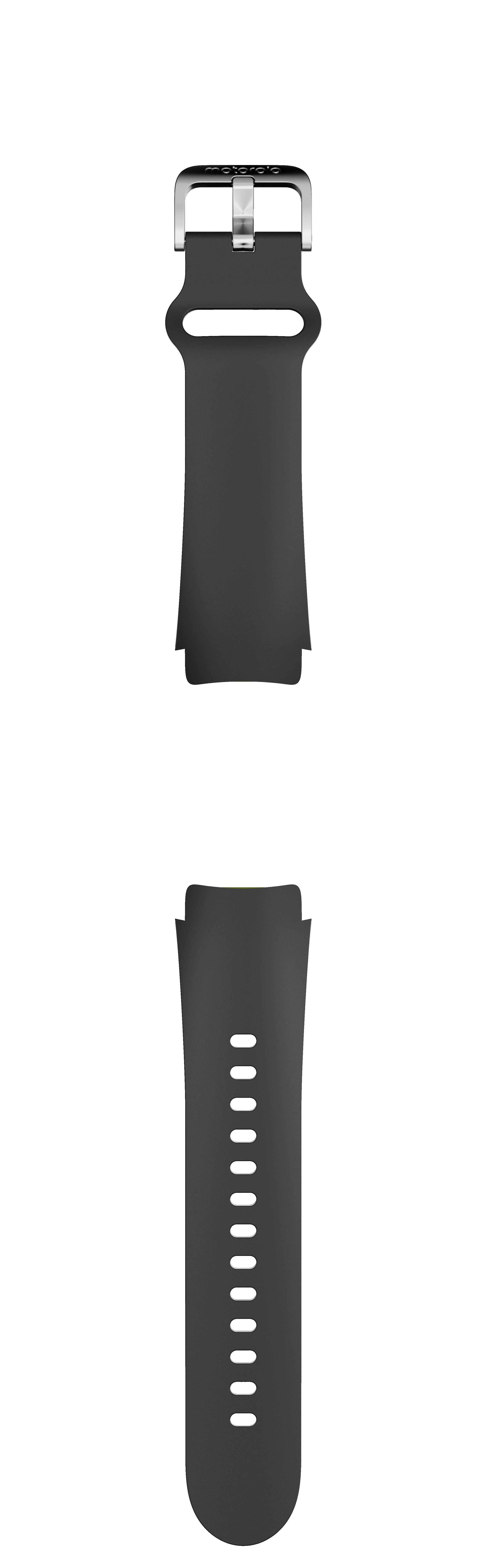 Czarny pasek do zegarka ze srebrną klamrą i logo Motorola.