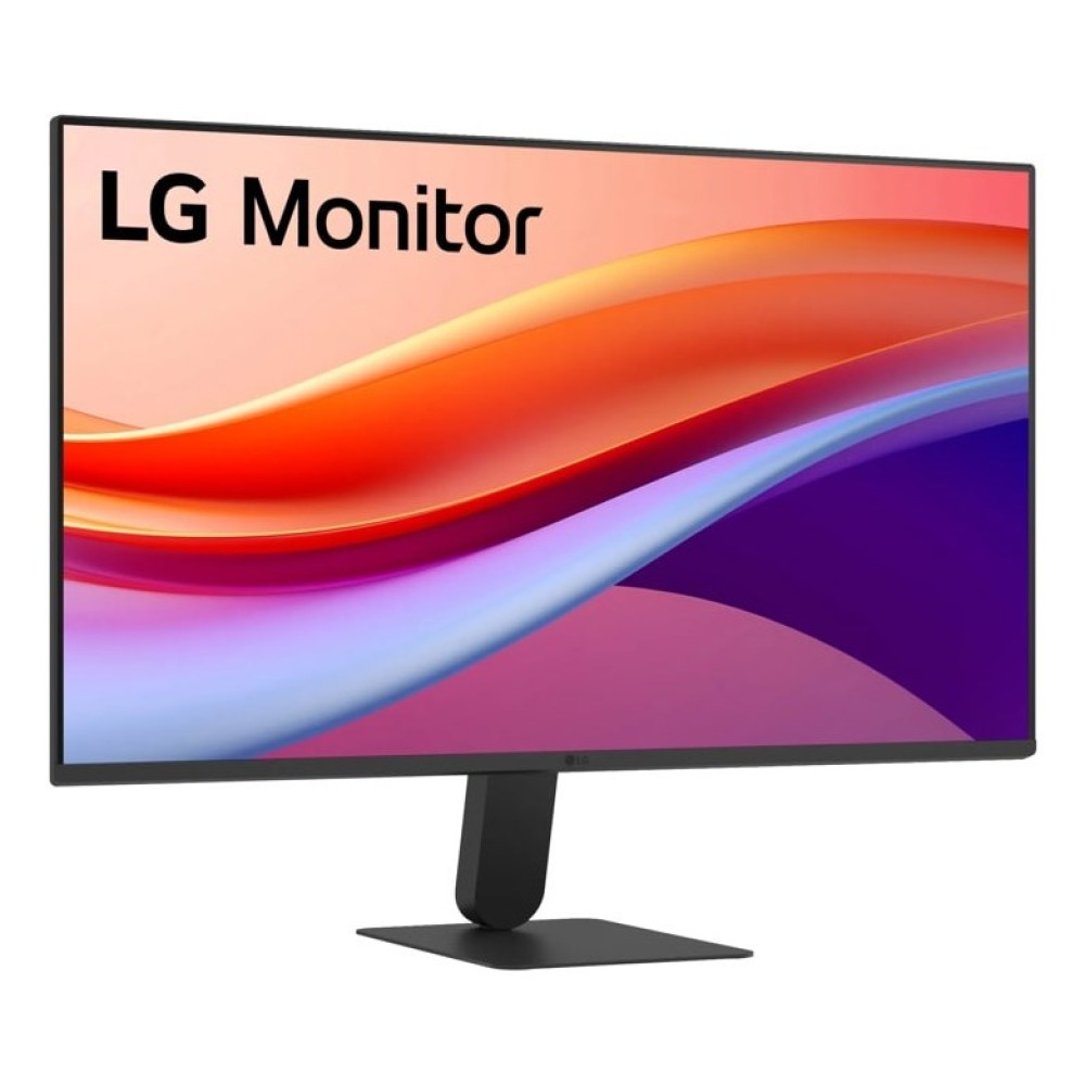 Monitor LG z kolorowym, abstrakcyjnym tłem i czarną podstawą.
