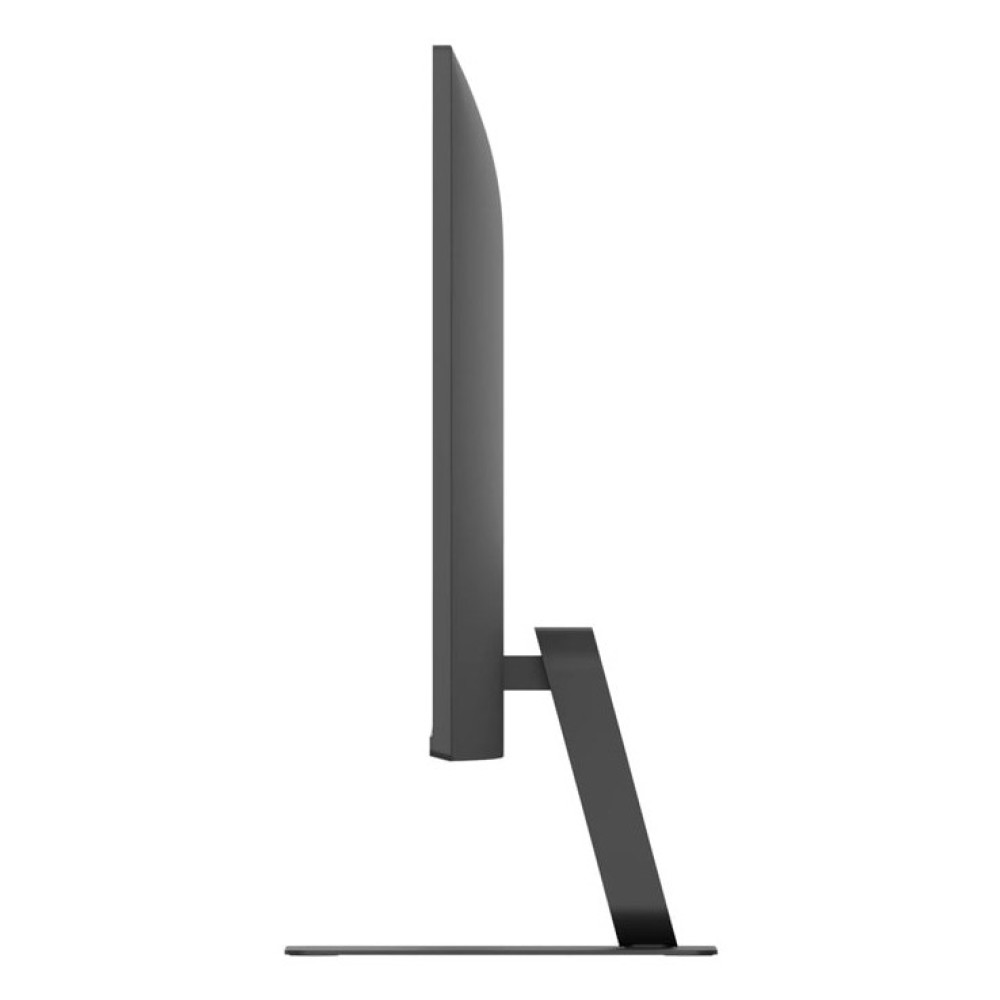 Widok z boku nowoczesnego, eleganckiego, ciemnoszarego monitora komputerowego na minimalistycznej podstawce.