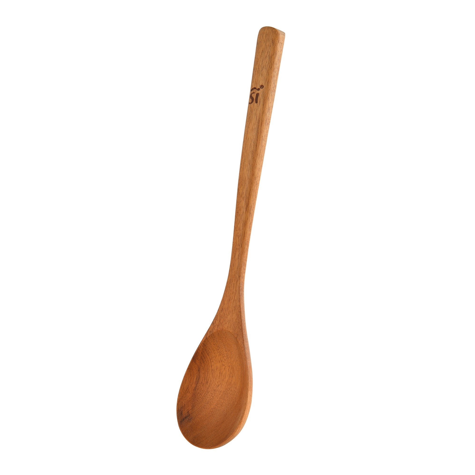 Una cuchara de madera con una pala ovalada ancha y un mango largo.