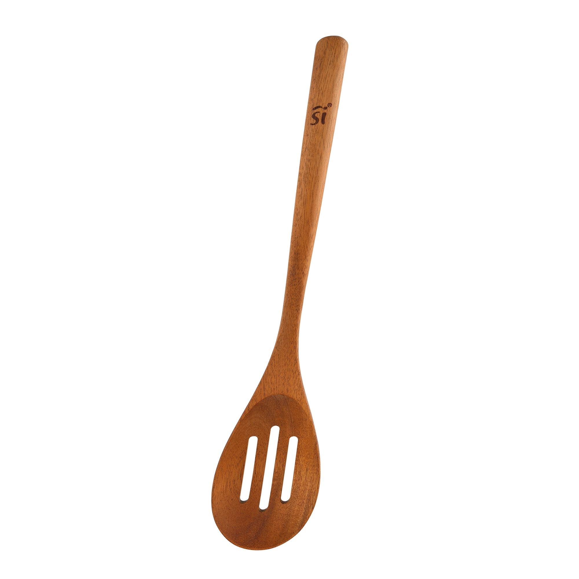Una cuchara ranurada de madera marrón con un logo en el mango.