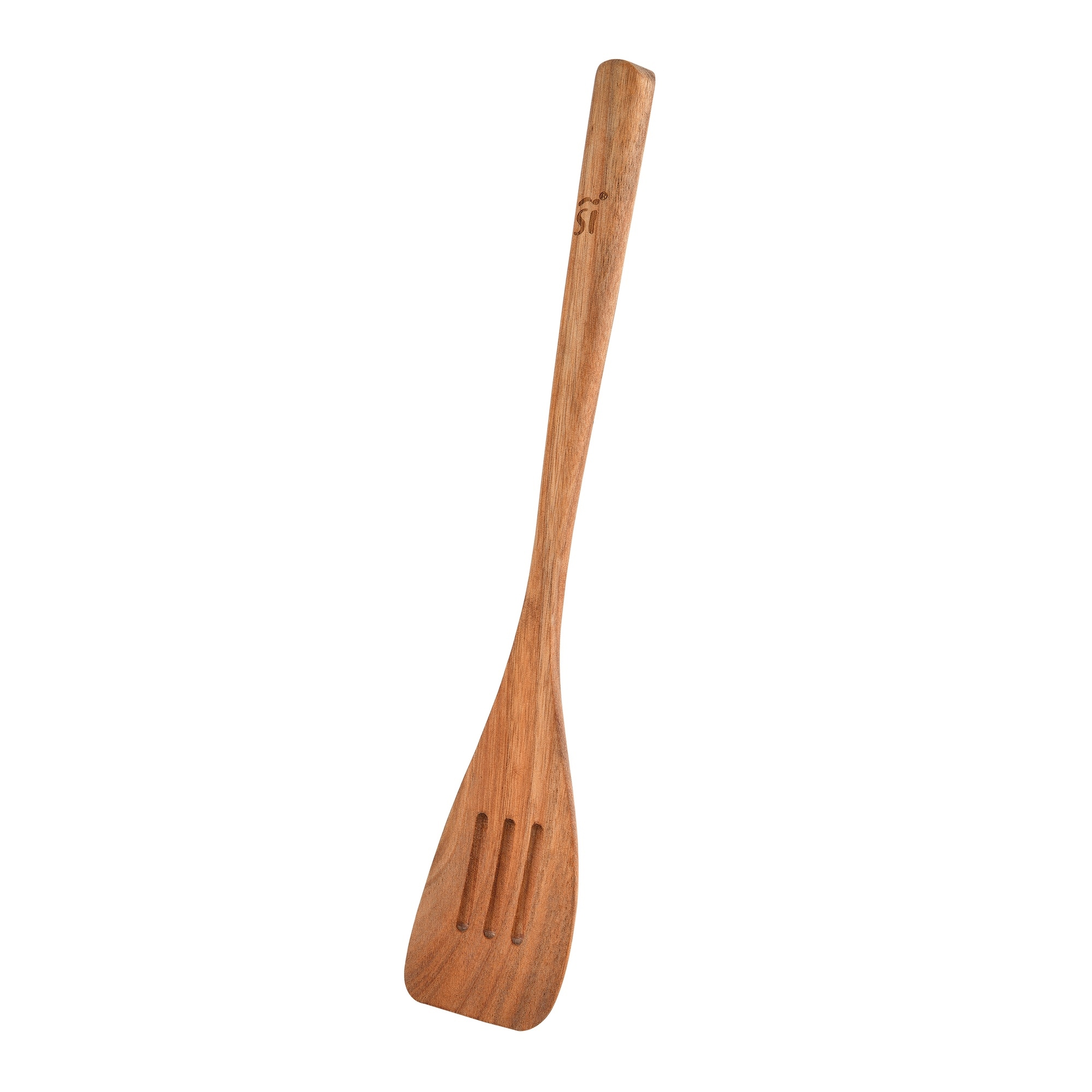 Una cuchara de madera con ranuras y un logo en el mango.