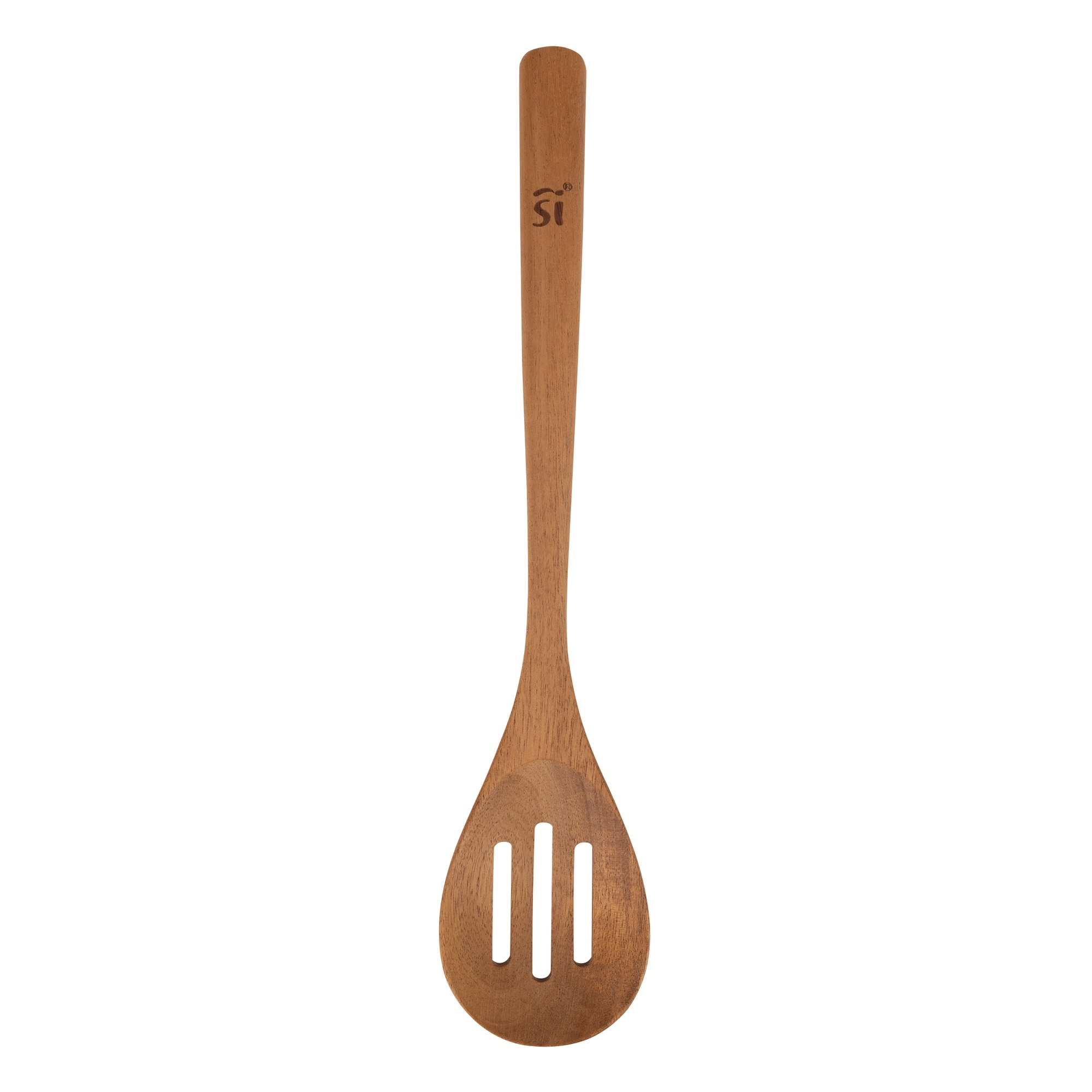 Una cuchara ranurada de madera con un logo grabado. Aislada.
