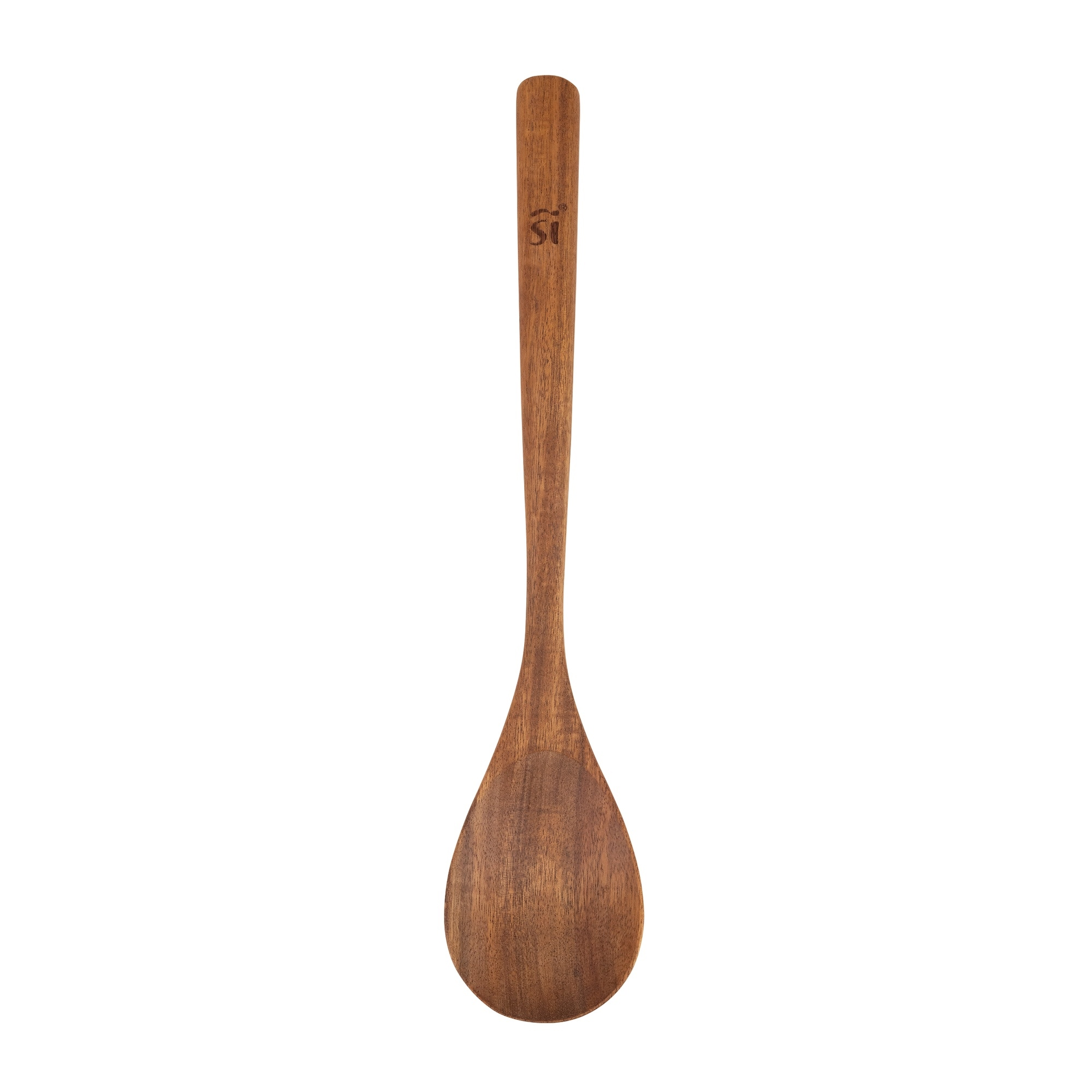 Una cuchara de madera para cocinar con mango largo y extremo de pala ancho.