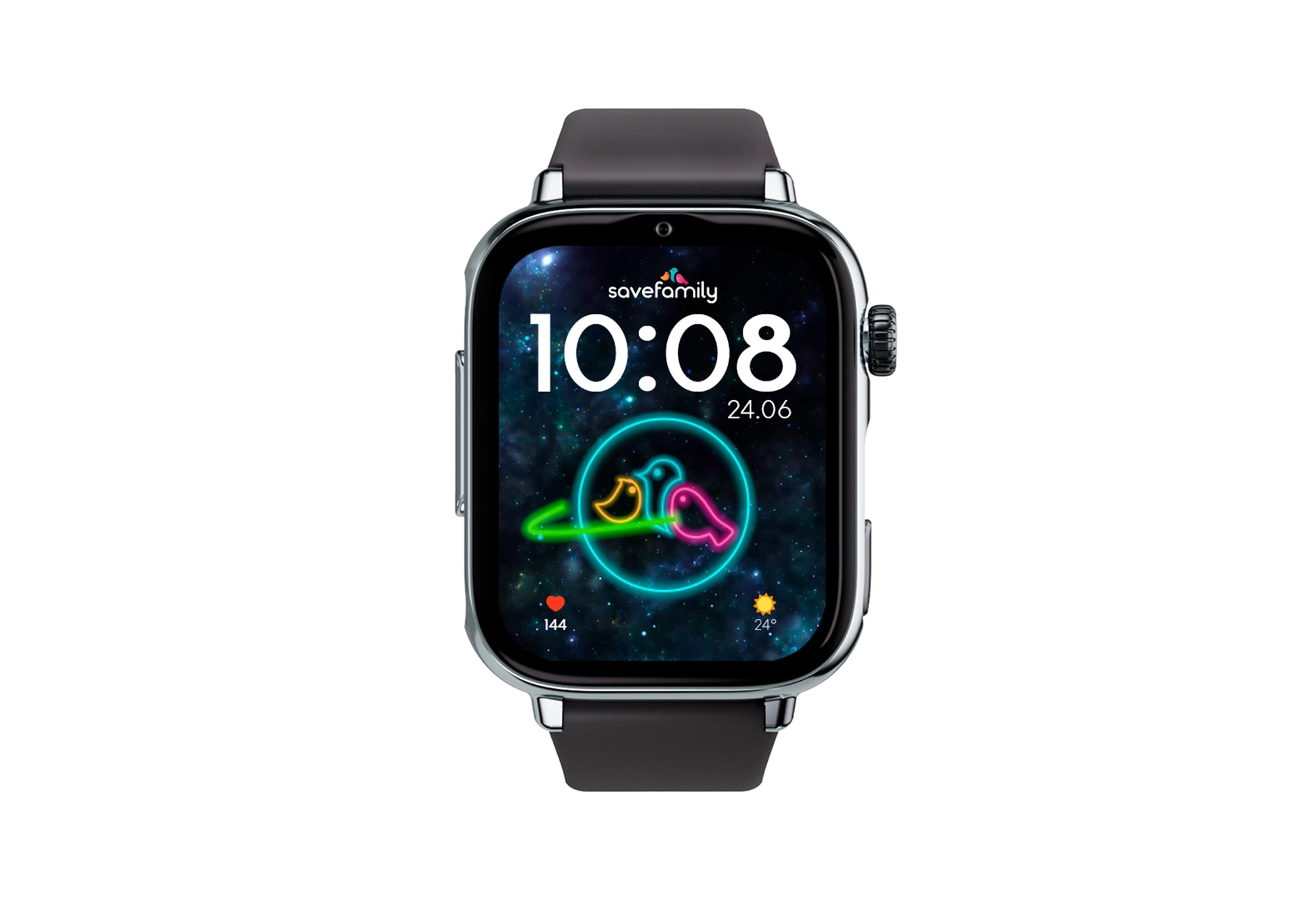 Szary smartwatch wyświetla 10:08 z gwiezdnym tłem i ptakami.