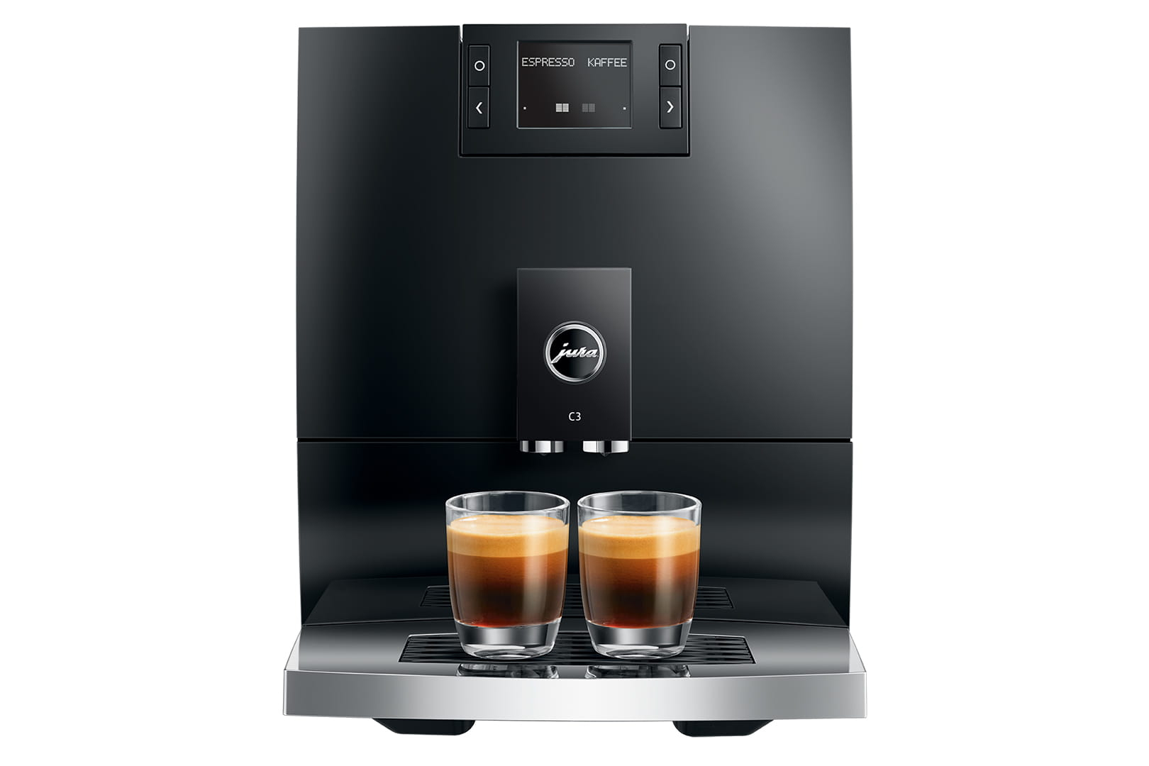 Macchina da caffè nera con due bicchieri di espresso su vassoio cromato.