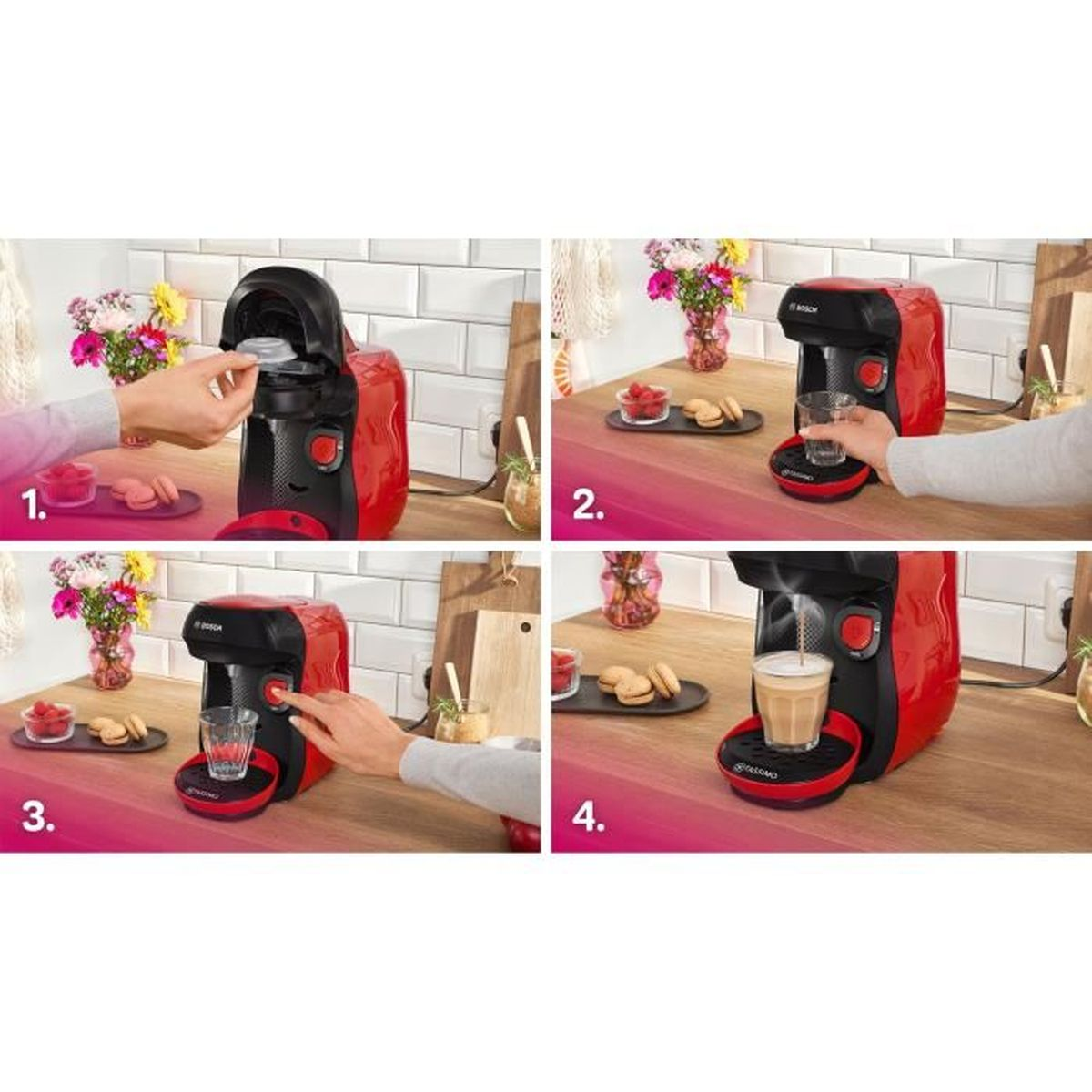 Macchina caffè rossa passo passo: inserire T-disc, posizionare tazza, premere pulsante, preparare caffè.