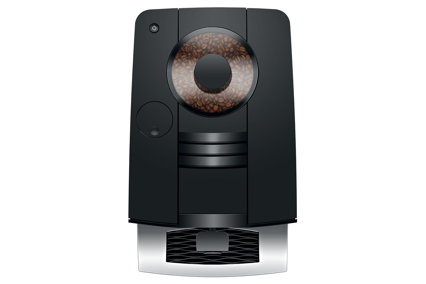 Macchina da caffè nera con contenitore chicchi visibile in alto e vassoio raccogligocce argento.