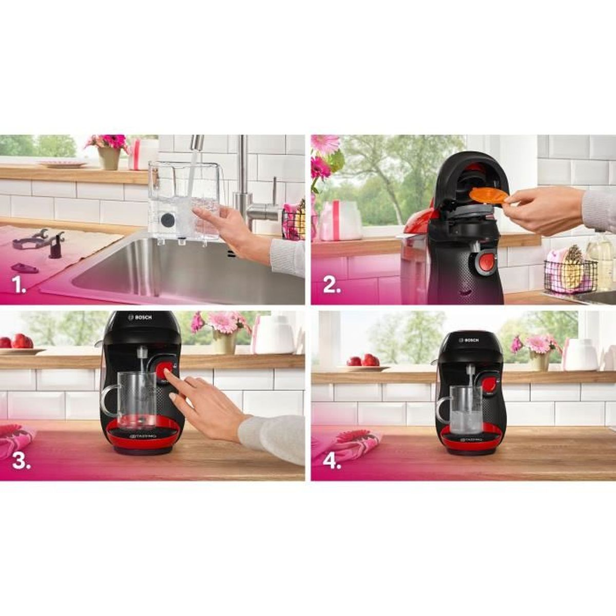 Istruzioni: Riempire d'acqua, inserire capsula, posizionare tazza, preparare caffè.