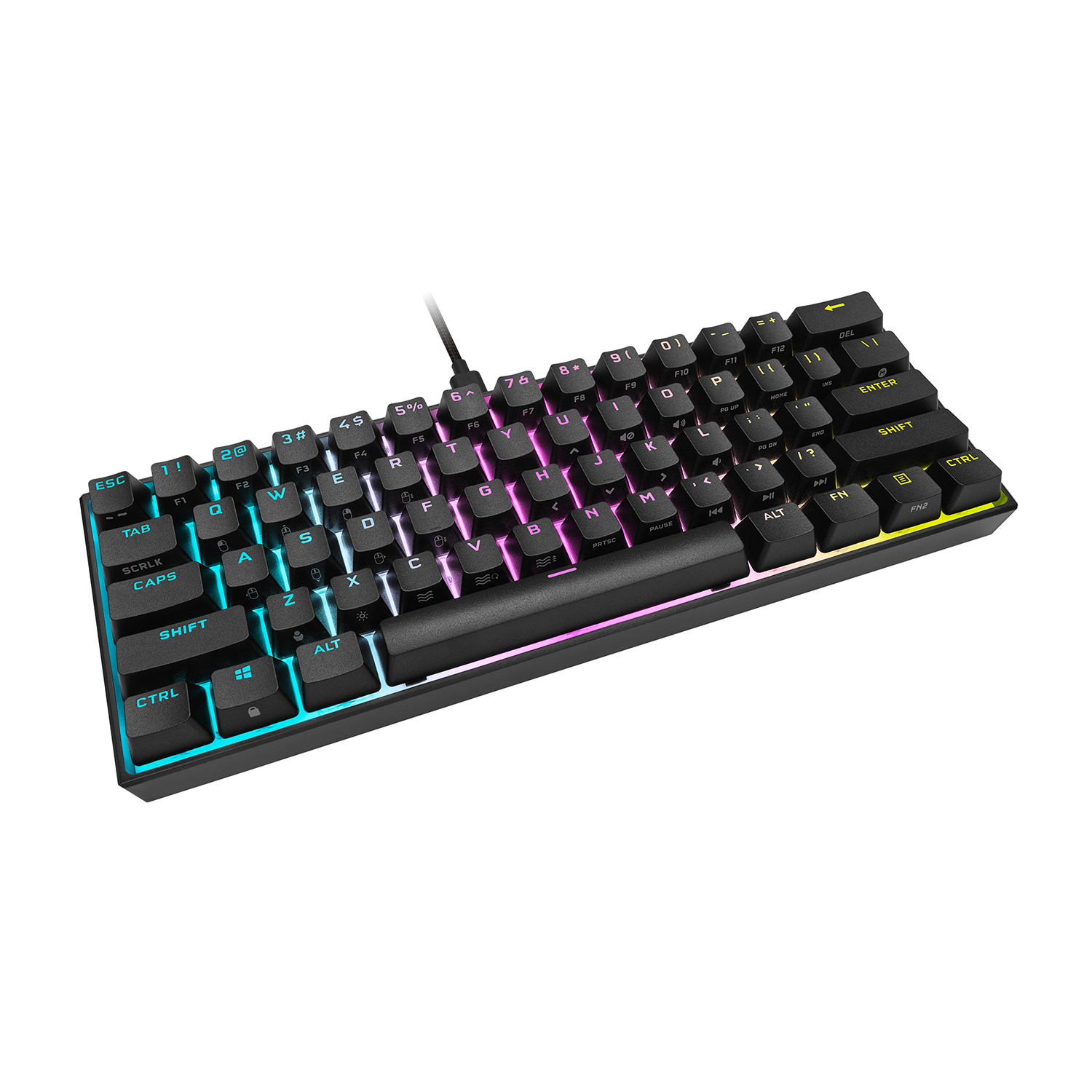 Una tastiera nera con retroilluminazione RGB colorata, su sfondo bianco.
