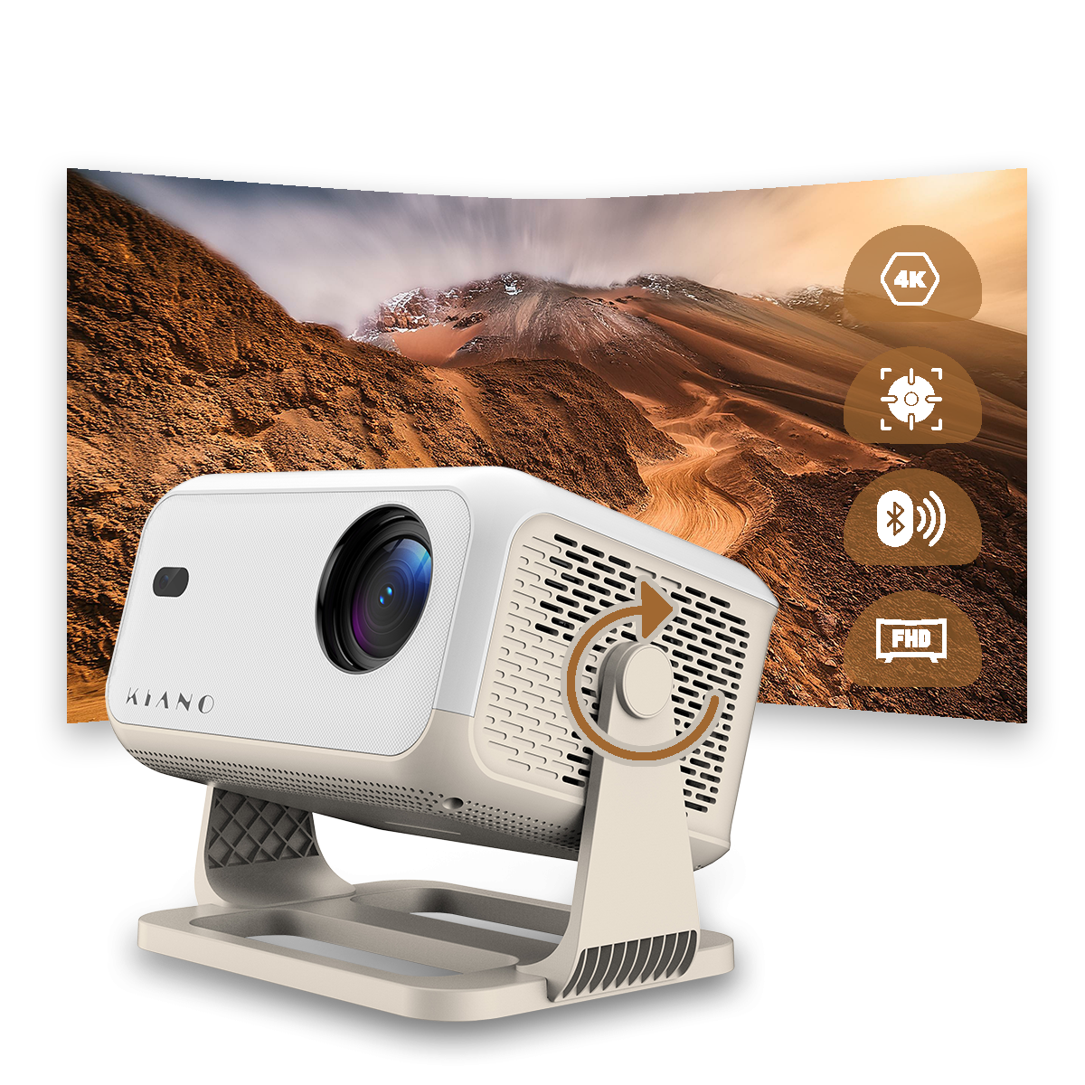 Biały projektor na stojaku wyświetla krajobraz górski. Ikony pokazują 4K, ostrość i Bluetooth.