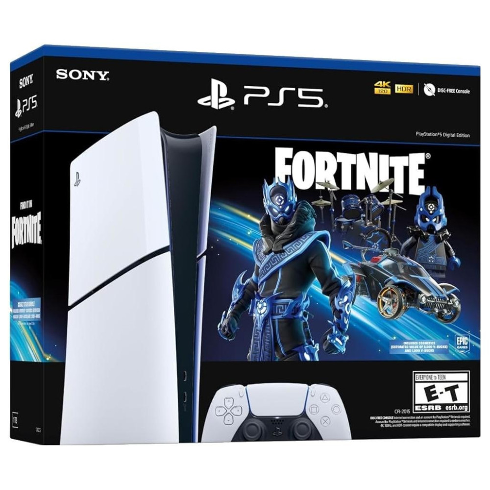 Fortnite markalı PlayStation 5 Dijital Sürüm konsol kutusu, kontrolcü ve oyun içerir.