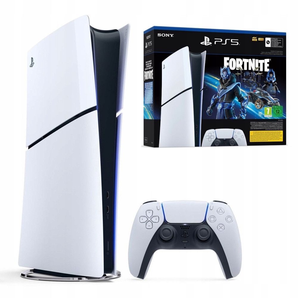 Playstation 5 konsolu, Fortnite oyunu ve kontrolcüsü beyaz arka planda.