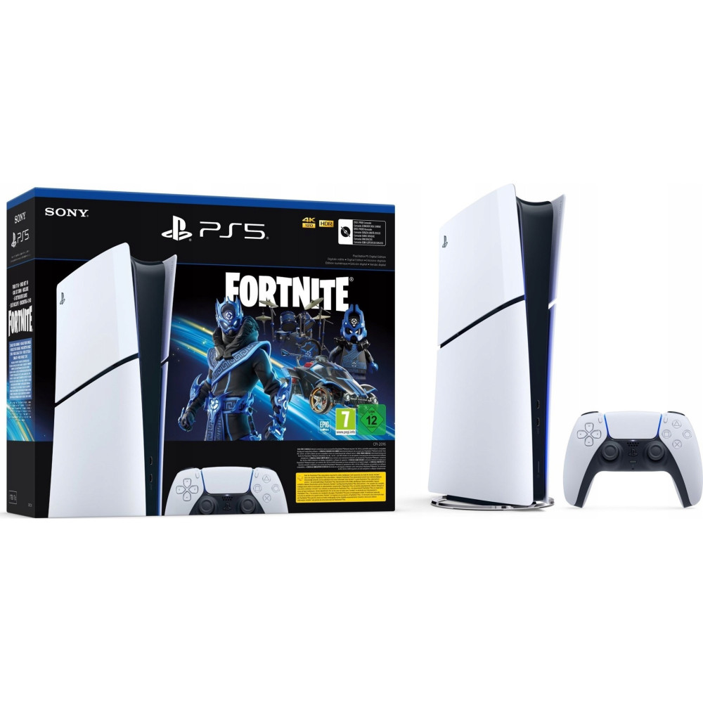 PlayStation 5 konsolu, kumandası ve Fortnite oyun kutusu beyaz zeminde.