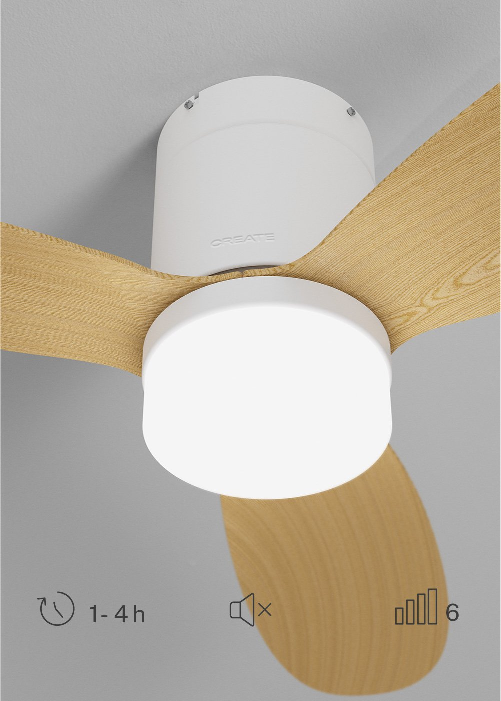 Ventilador de techo con aspas de madera y luz LED. Temporizador 1-4h, volumen bajo, nivel 6.