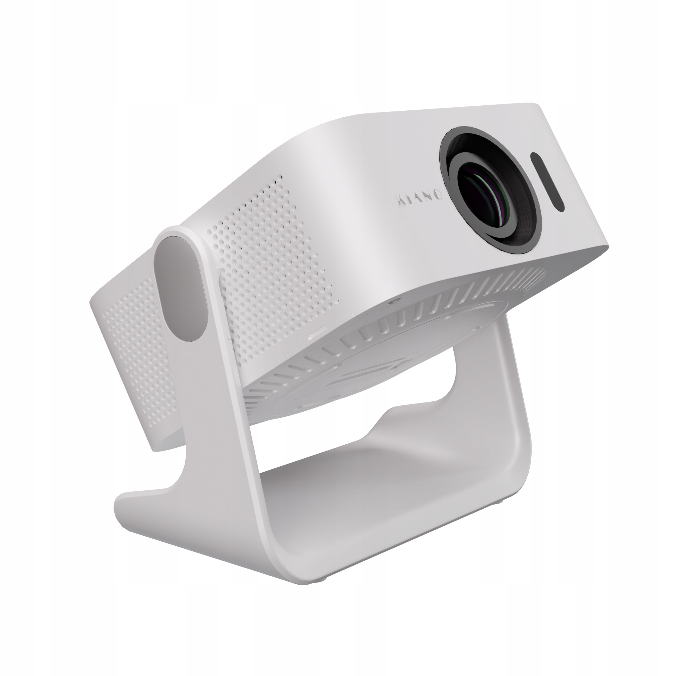 Biały projektor ze stojakiem, na białym tle.
